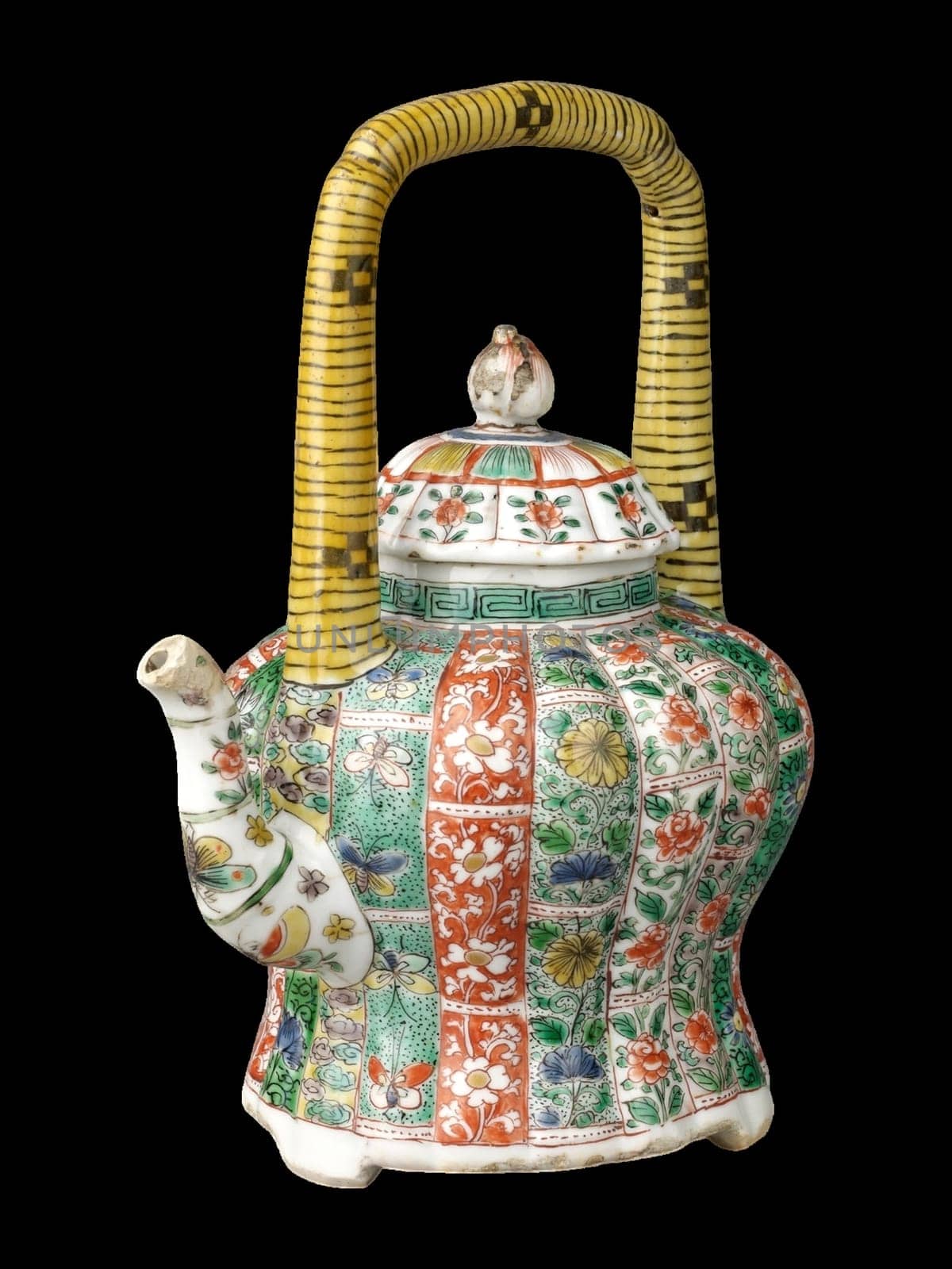 Elaborately decorated antique Chinese covered teapot from the Qing Dynasty. Features intricate floral and figural designs in vibrant green, red, and white on porcelain.