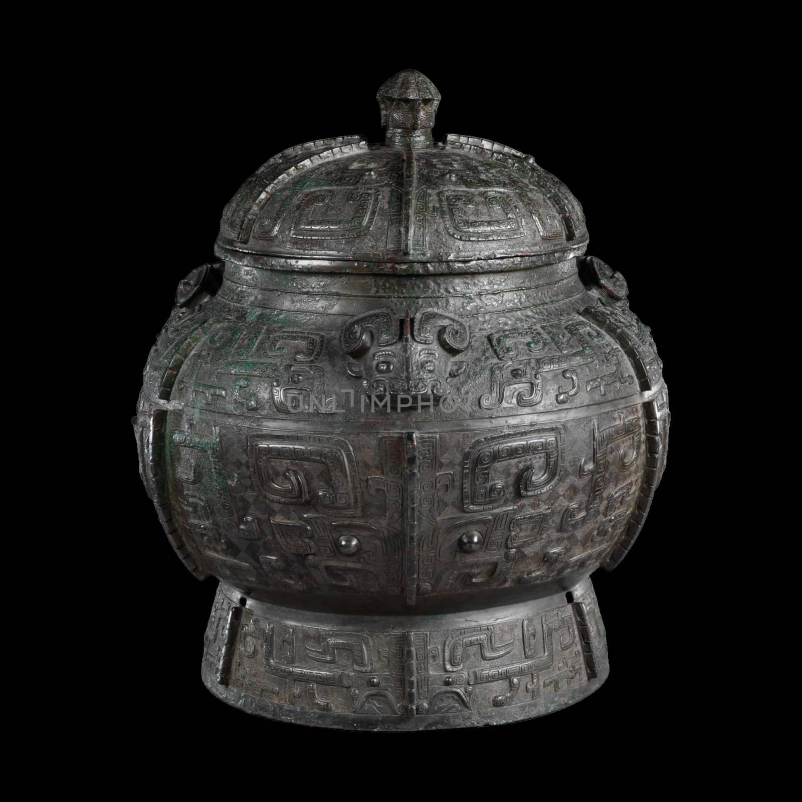 Ancient Chinese bronze Pou, a wine container from the Shang Dynasty (13th century BCE). Features intricate taotie masks and geometric patterns. Represents early Chinese ritual art and history.