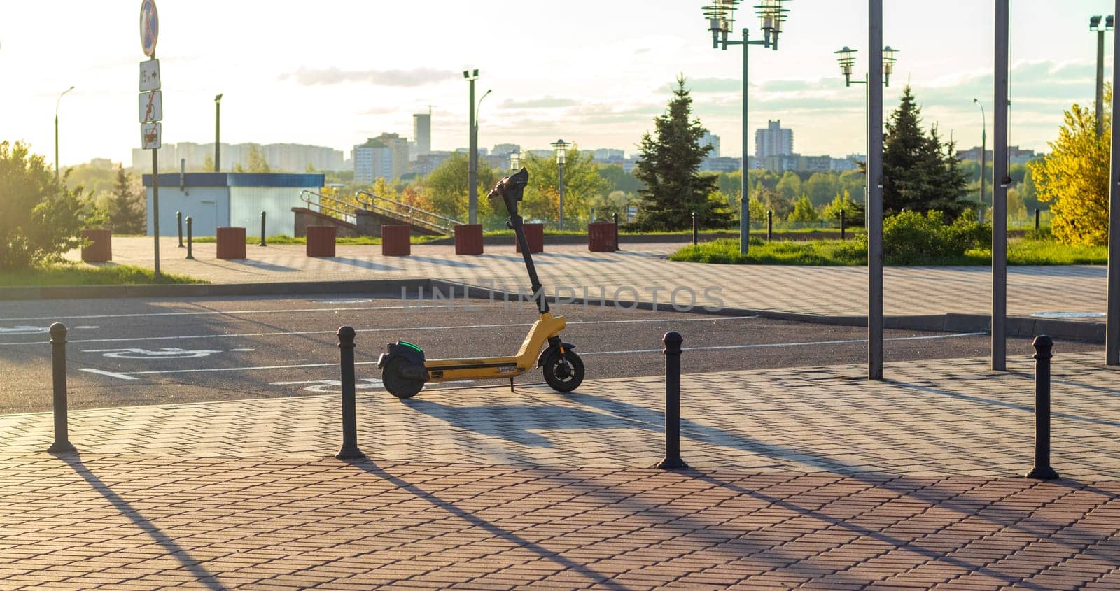 Shot of the rental electric scooter on the street of the city