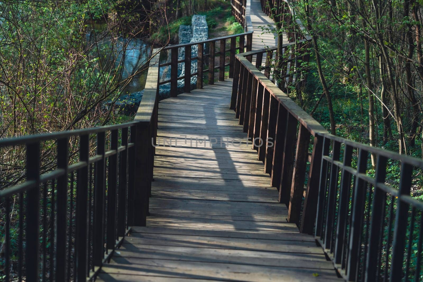 Curving wooden path with railing casting shadows, surrounded by dense green forest and a riverbank with stones, captured on a sunny day