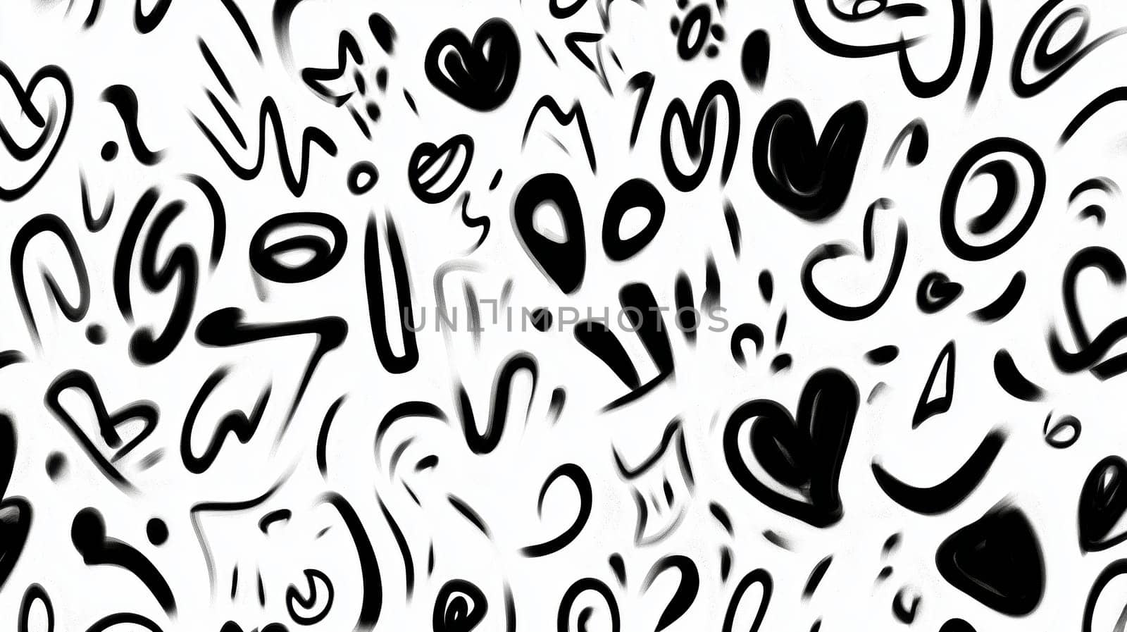 Various swirling shapes and symbols in black and white combine to form an energetic abstract composition. The playful patterns evoke a sense of movement and emotion, inviting interpretation.