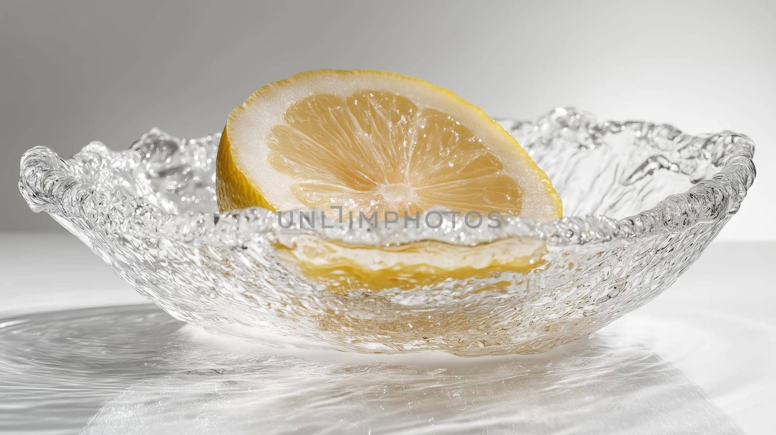 A vibrant lemon slice is suspended mid-air, showcasing its juicy texture and bright color against a softly lit background. The glass bowl adds elegance to the presentation.