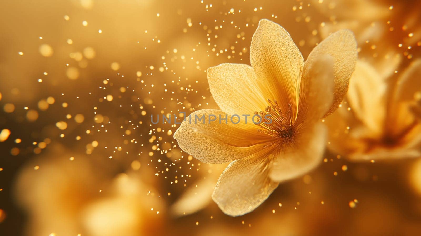 Bright yellow petals open to reveal delicate structures inside as golden pollen dust bursts forth. The moment captures the beauty of nature in full bloom, with soft light enhancing the scene.