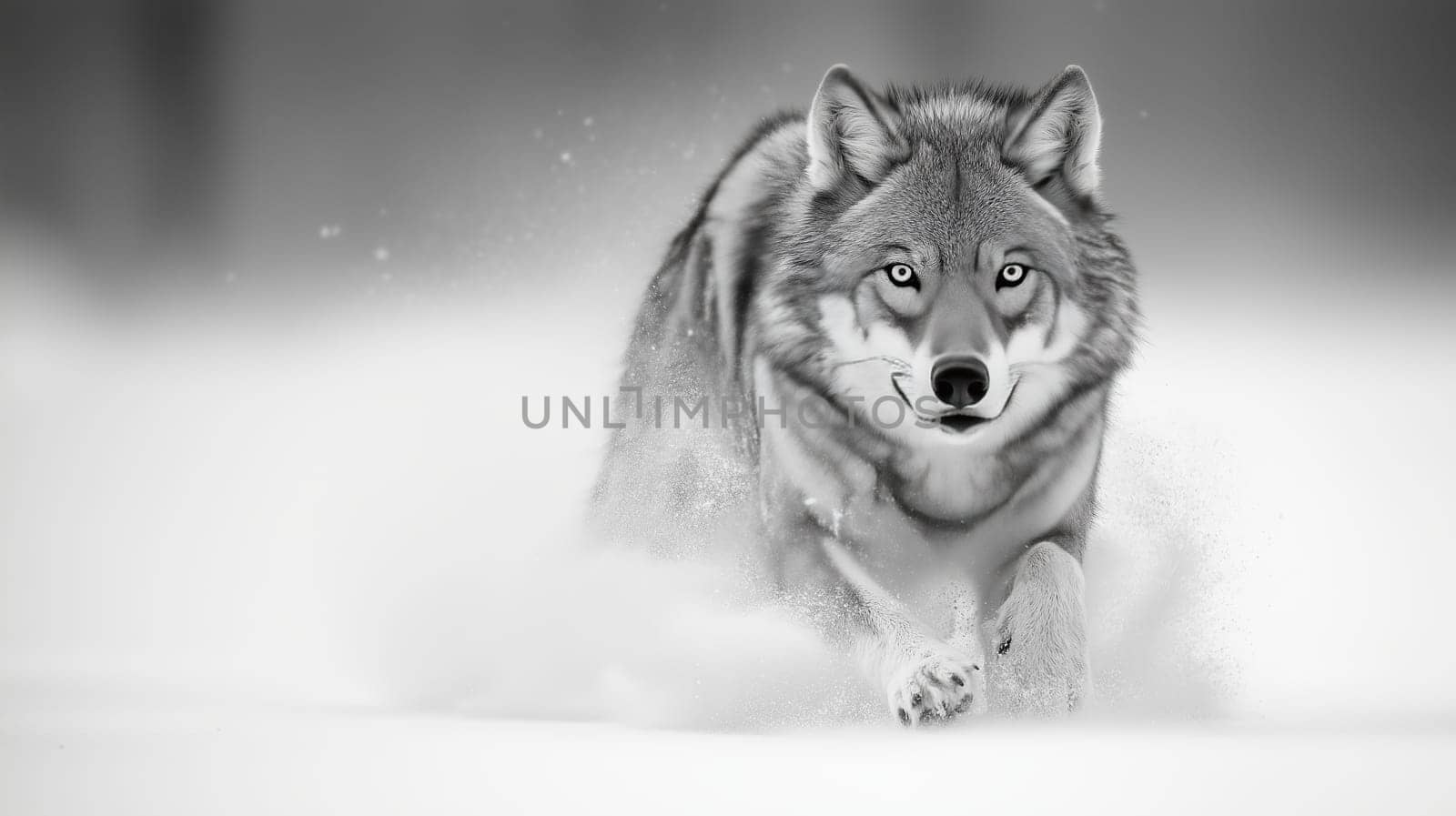A grey wolf moves gracefully through a snowy landscape, showcasing its strength and agility. Snowflakes scatter around as it strides, highlighting its captivating features and fur.