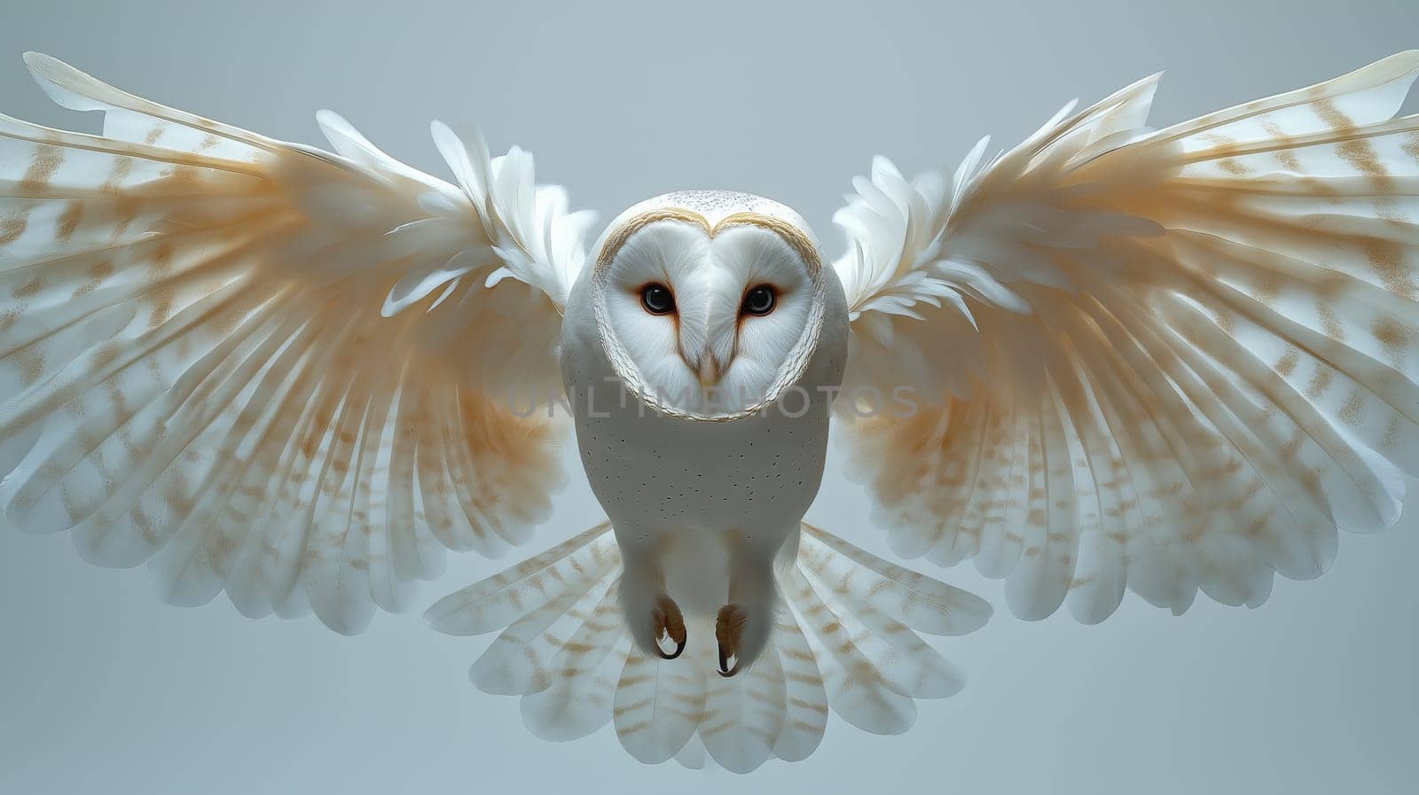 A barn owl soars mid-flight, its expansive wings spread wide against a neutral backdrop. The bird displays intricate feather patterns while pursuing its prey in the calm of twilight.