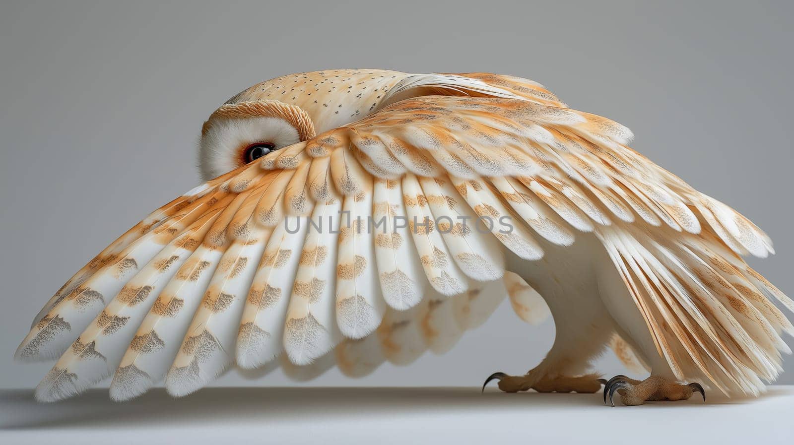 A barn owl is seen mid-flight, its wings extended widely. The bird's elegant feathers display intricate patterns in soft shades, highlighting its beauty in motion.