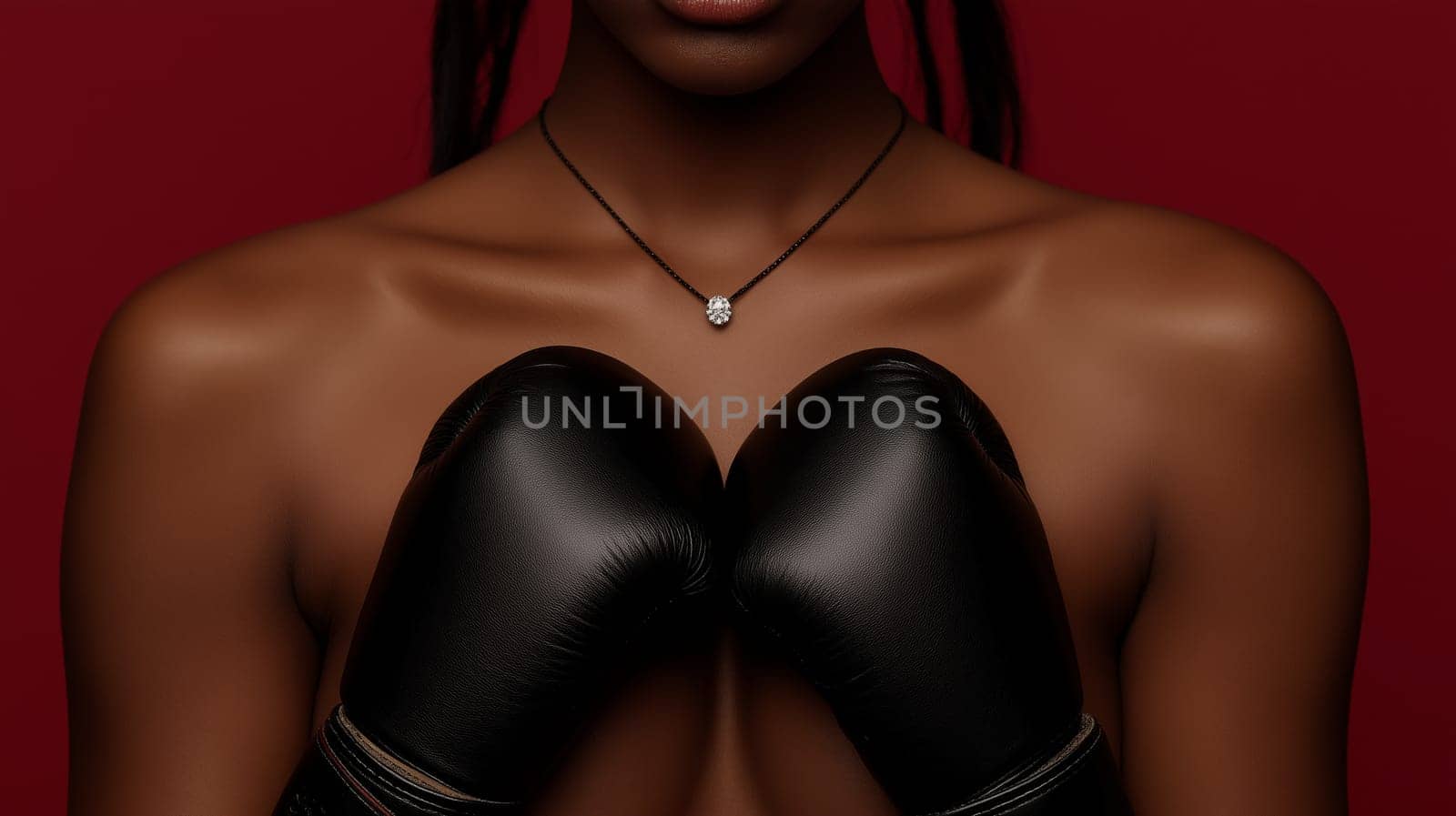 A person holds a pair of elegant black leather boxing gloves close to their chest. The rich red background contrasts with the gloves, creating a bold and powerful visual impression.