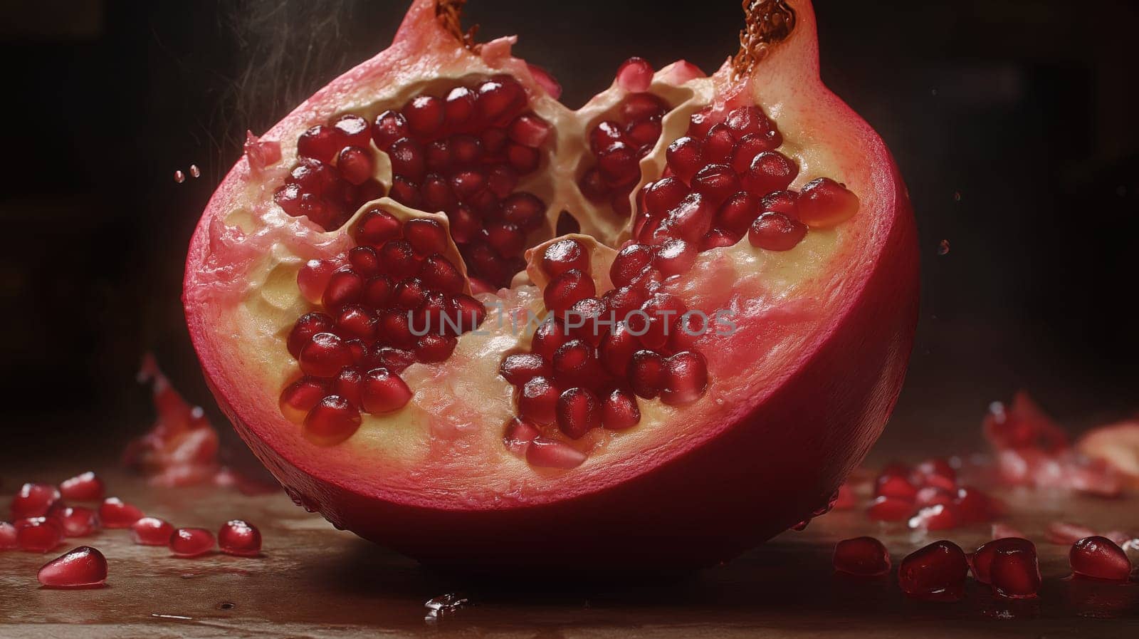A halved pomegranate reveals glistening ruby-red seeds. The wooden background enhances the fruit's vibrant color. The light reflects off the juicy seeds, creating an appealing visual.