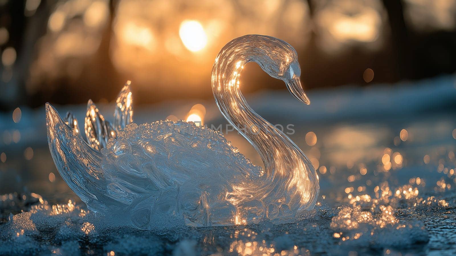 An intricate ice sculpture of a swan gracefully melts as the sun sets, casting a warm glow over the shimmering surface. The tranquil scene captures nature's beauty in transition.