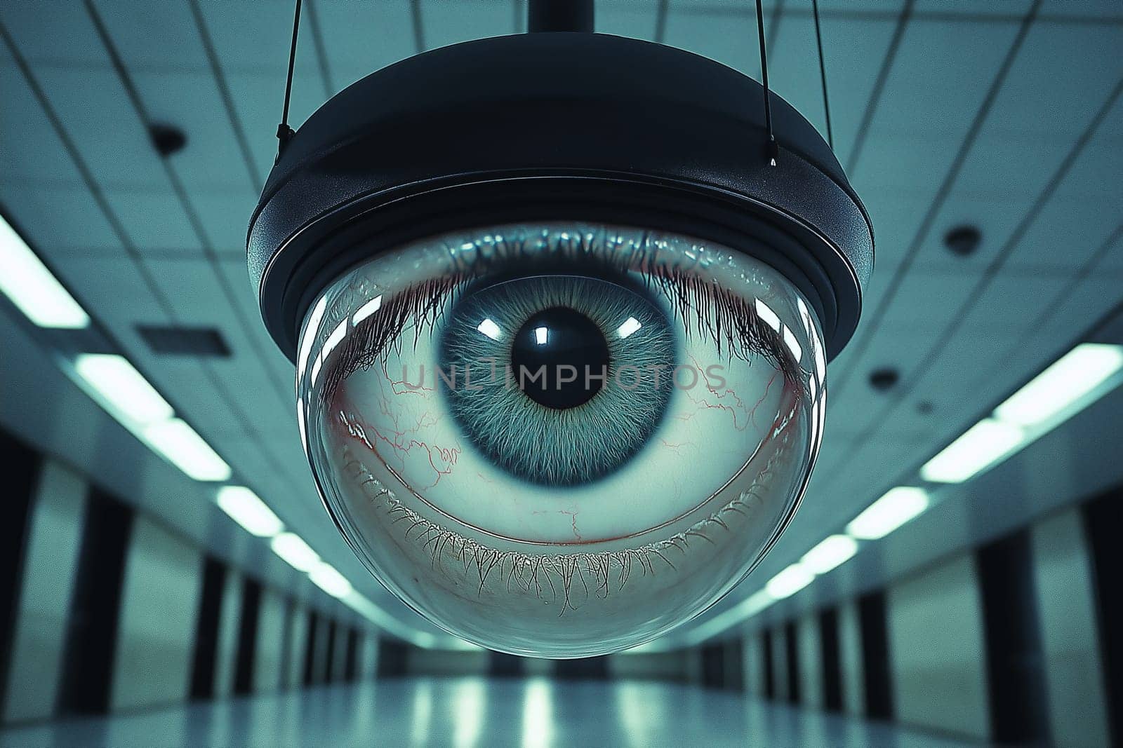 A modern dome security camera with a striking eye design hangs from the ceiling in a sterile corridor, providing surveillance in a high-tech environment during the day.