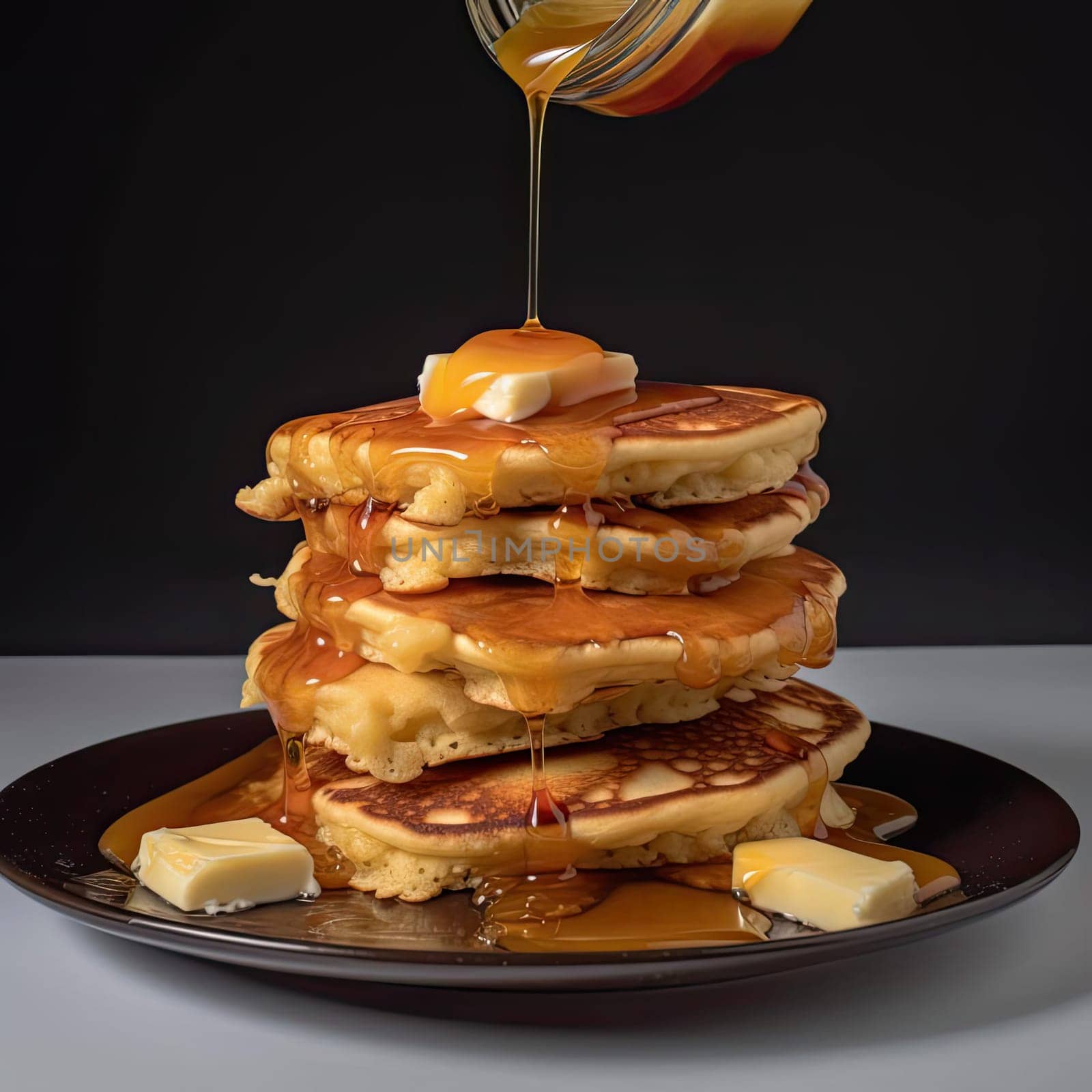 Pancakes with butter, honey and maple syrup on a black background