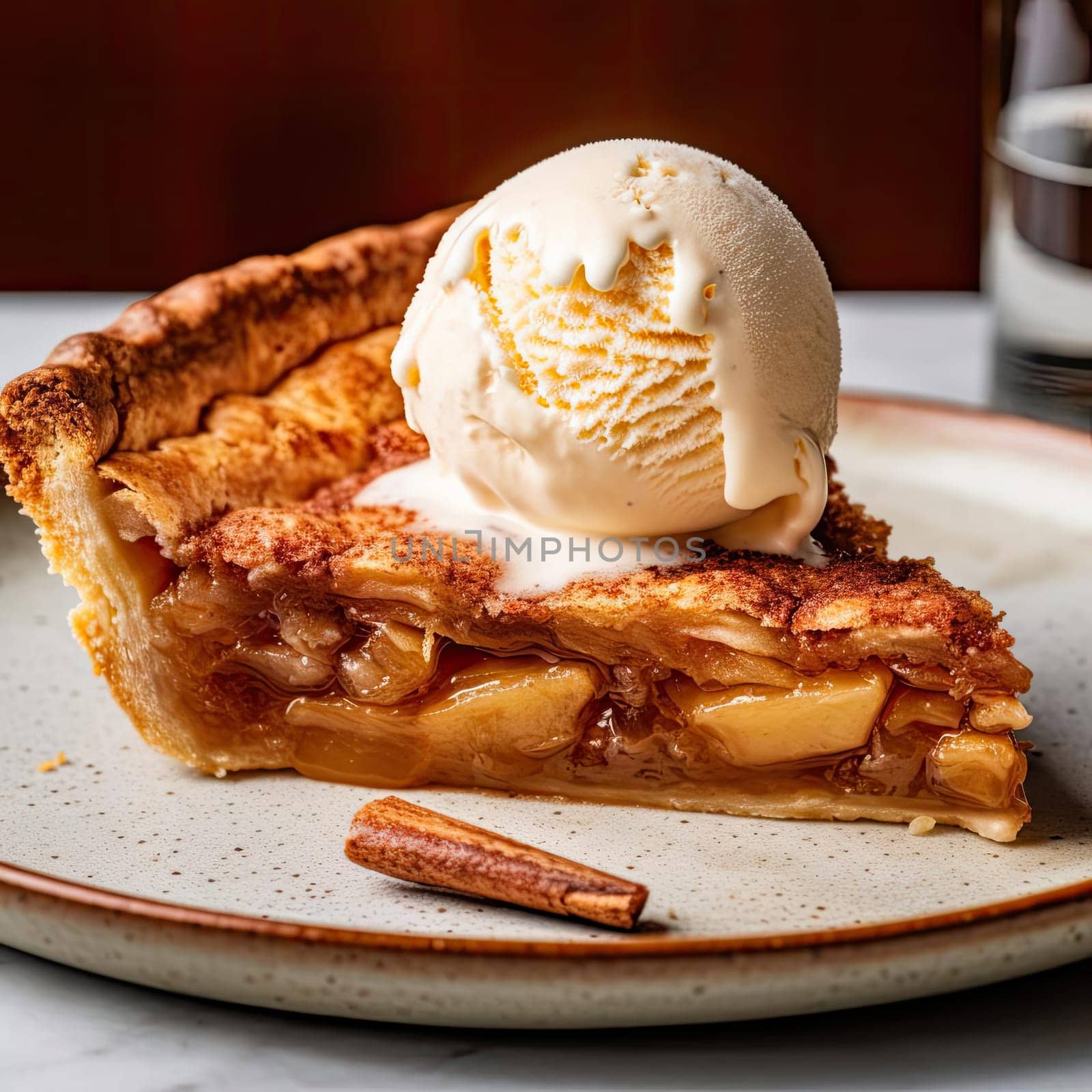 Apple pie with ice cream, close-up
