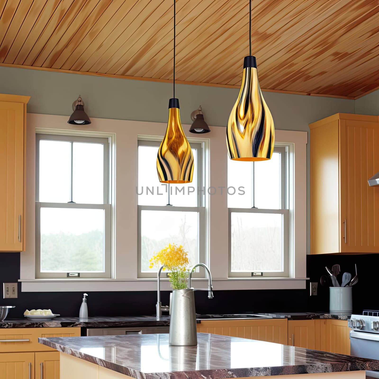Interior of modern kitchen with yellow and wooden walls
