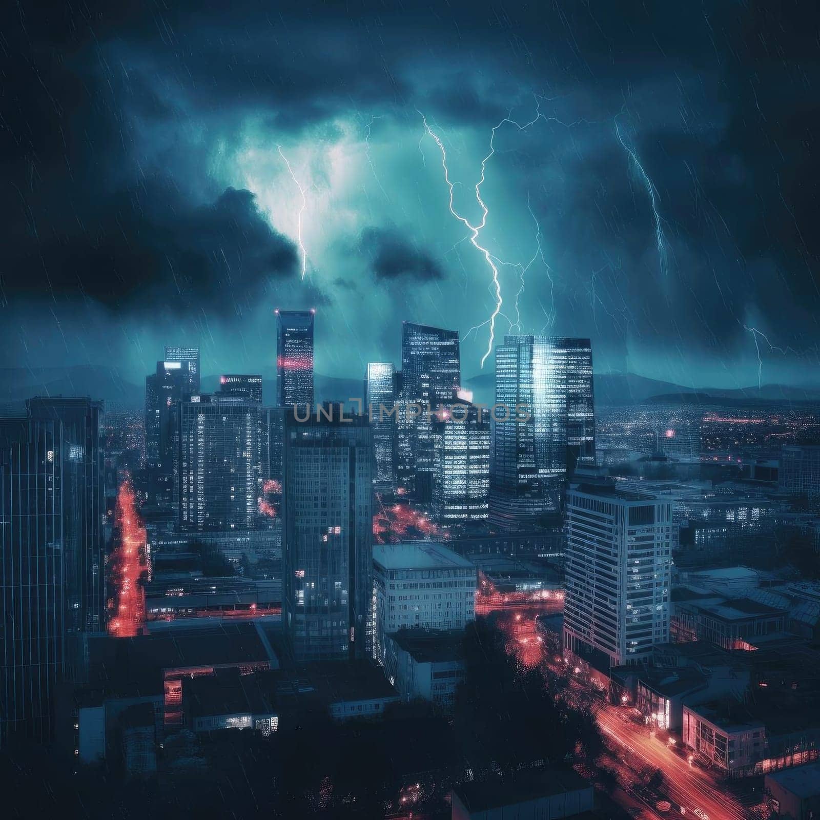 Lightning strikes the city at night as a concept of danger