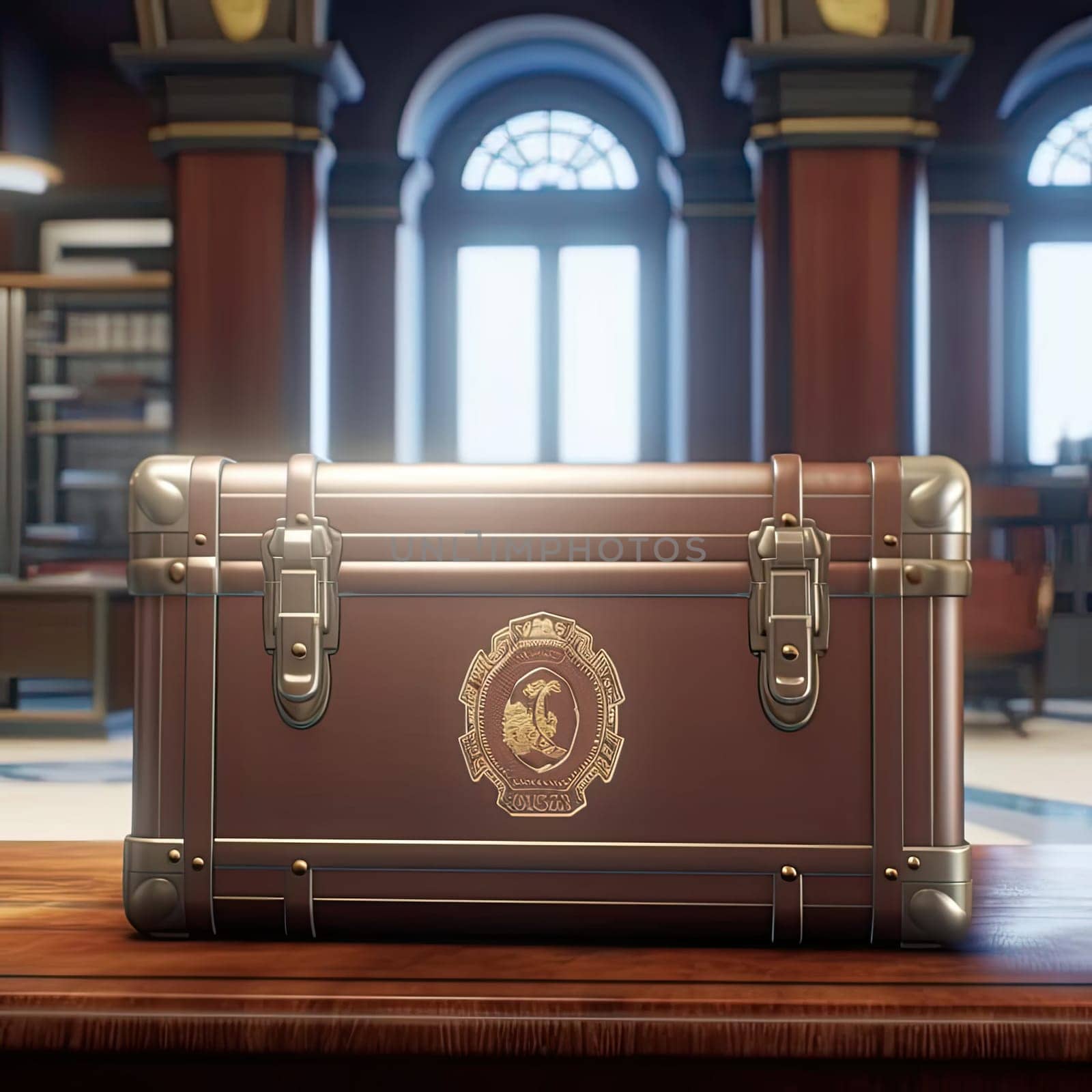 Old suitcase on the table in the library - 3D rendering