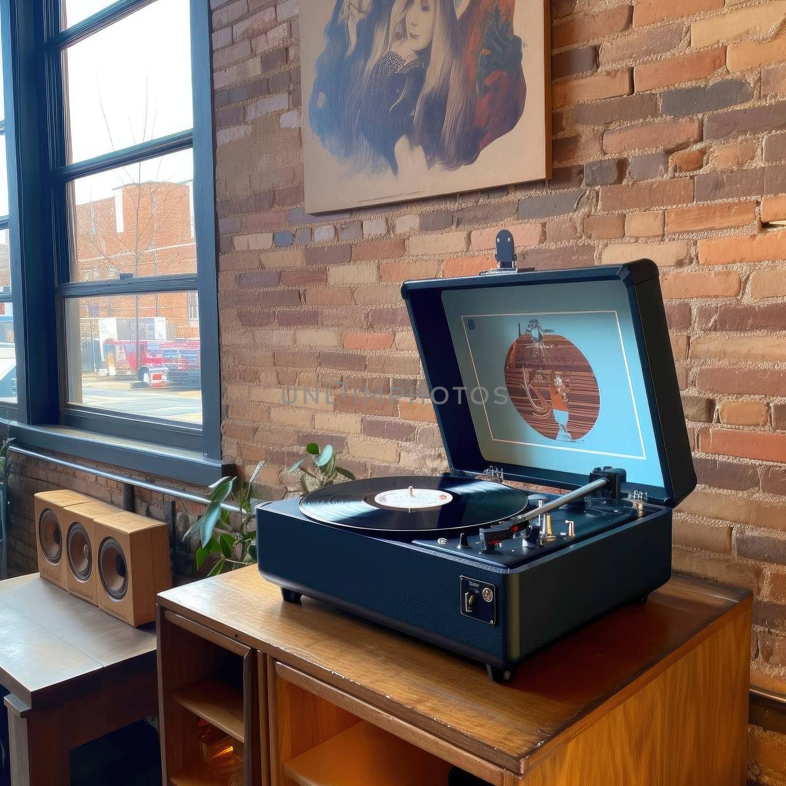 Vintage turntable with vinyl record on table in living room