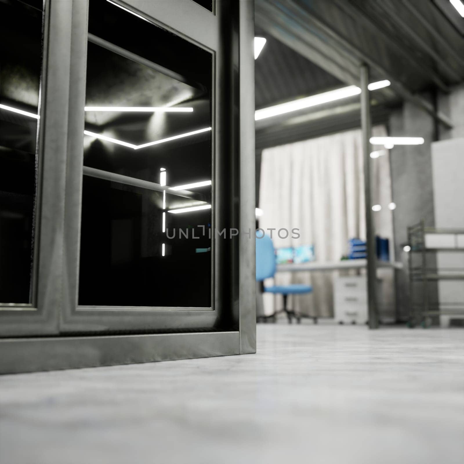 Modern clinical lab interior with concrete flooring, metal cabinet and bright lights in sterile setting. Workstation in blurry background shows blue chair at PC desk and desktop monitors, 3D render