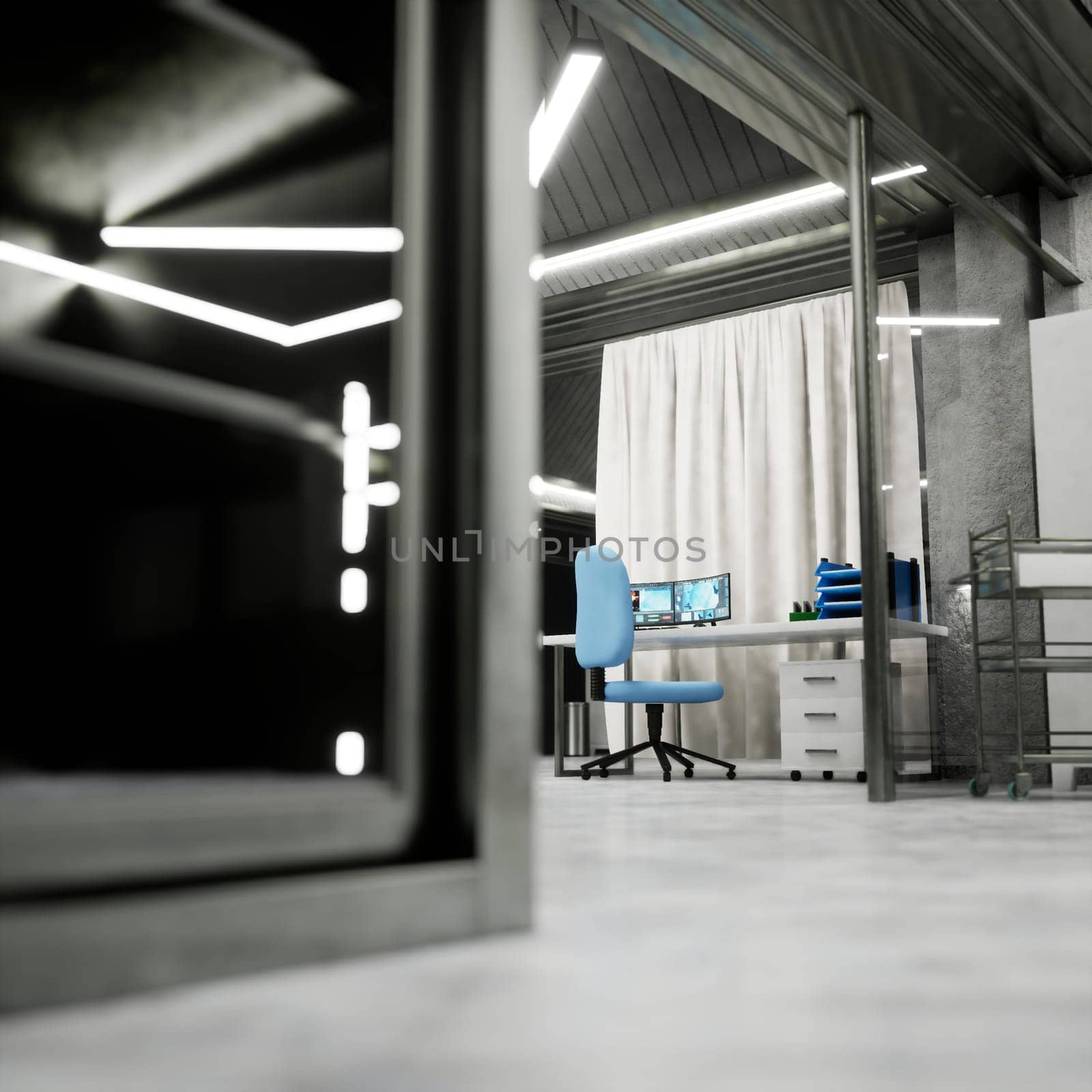 Smart medical lab workstation in background with digital apps on computer screen and research equipment. Modern clinical lab interior with metal cabinet and bright lights in sterile setting, 3D render