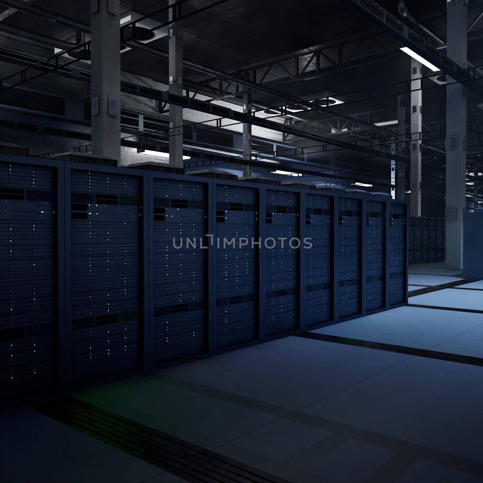Modern server facility operating advanced AI tasks, doing model inference for real time data analysis. Central systems storing and processing large training datasets, 3D rendering