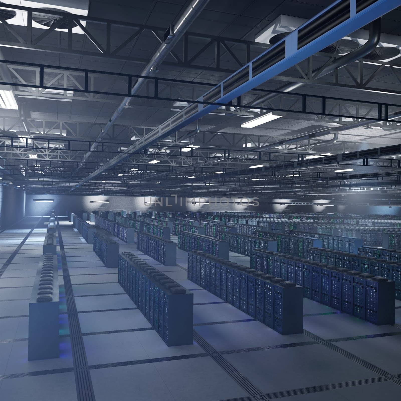 Enterprise server hardware delivering computing capacity for AI, automation tools and neural training. Supercomputers archiving deep learning datasets at scale, aerial shot.