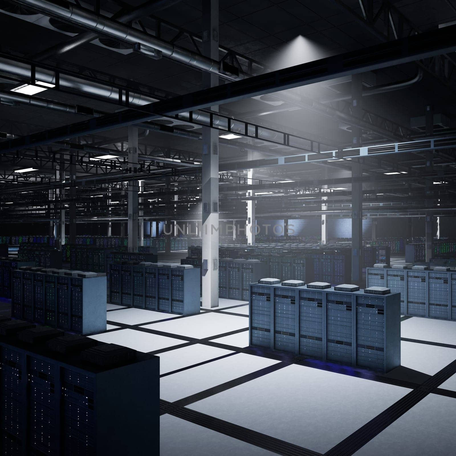 Light shining over blade server racks in dark server room supplying compute power for AI data processing. Deep learning arrays managing training datasets and inference workloads, 3D rendering