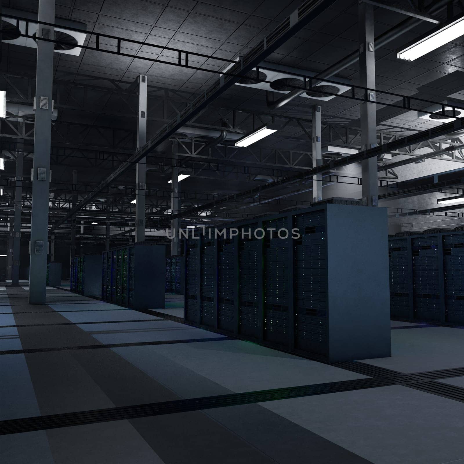 High tech server infrastructure powering artificial intelligence workflows, algorithm training and data inference tasks. Supercomputers supporting neural networks and analytics workloads, 3D render