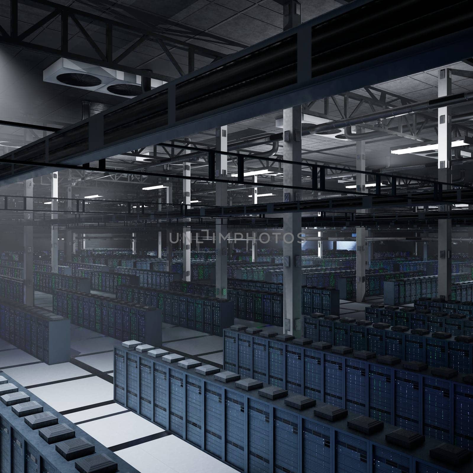 Infrastructure in dark server center supporting large scale analytics, simulations and predictive systems. Server racks storing valuable data assets used in machine learning, 3D rendering