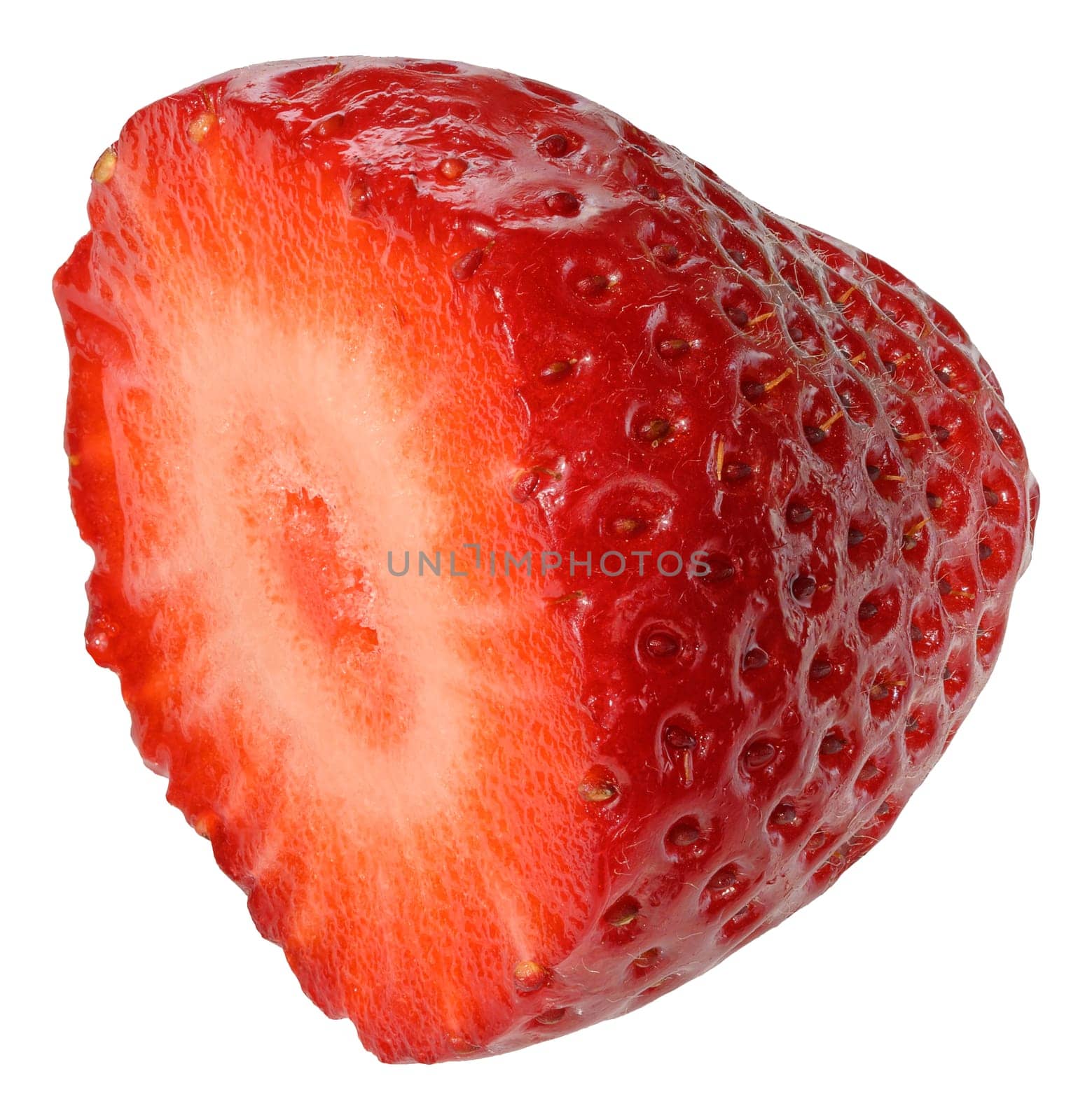 Red strawberry cut in half, revealing its vibrant interior and seeds, isolated background