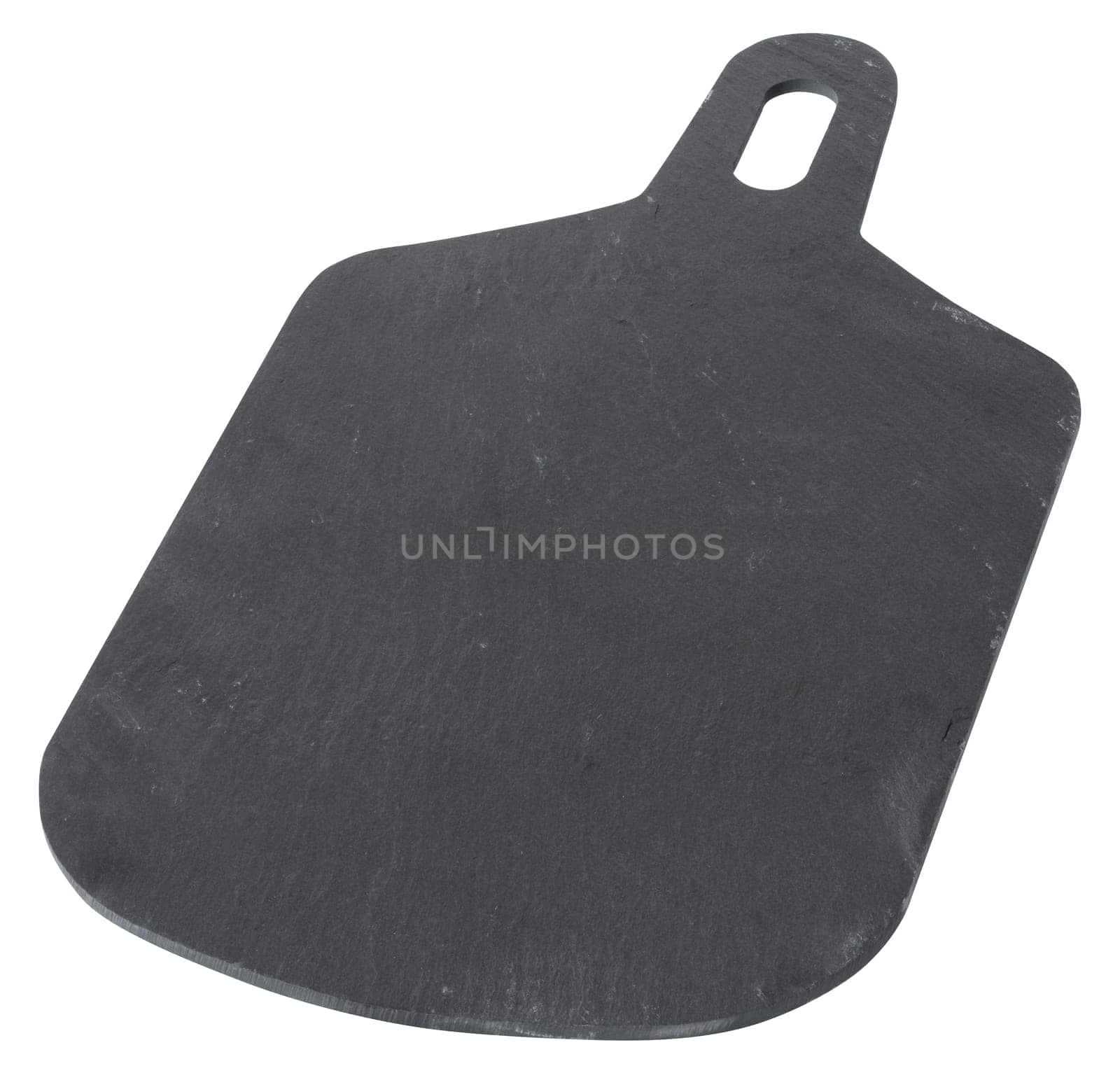 Rectangular black slate board with rounded corners and a handle with a hole is isolated on a white background