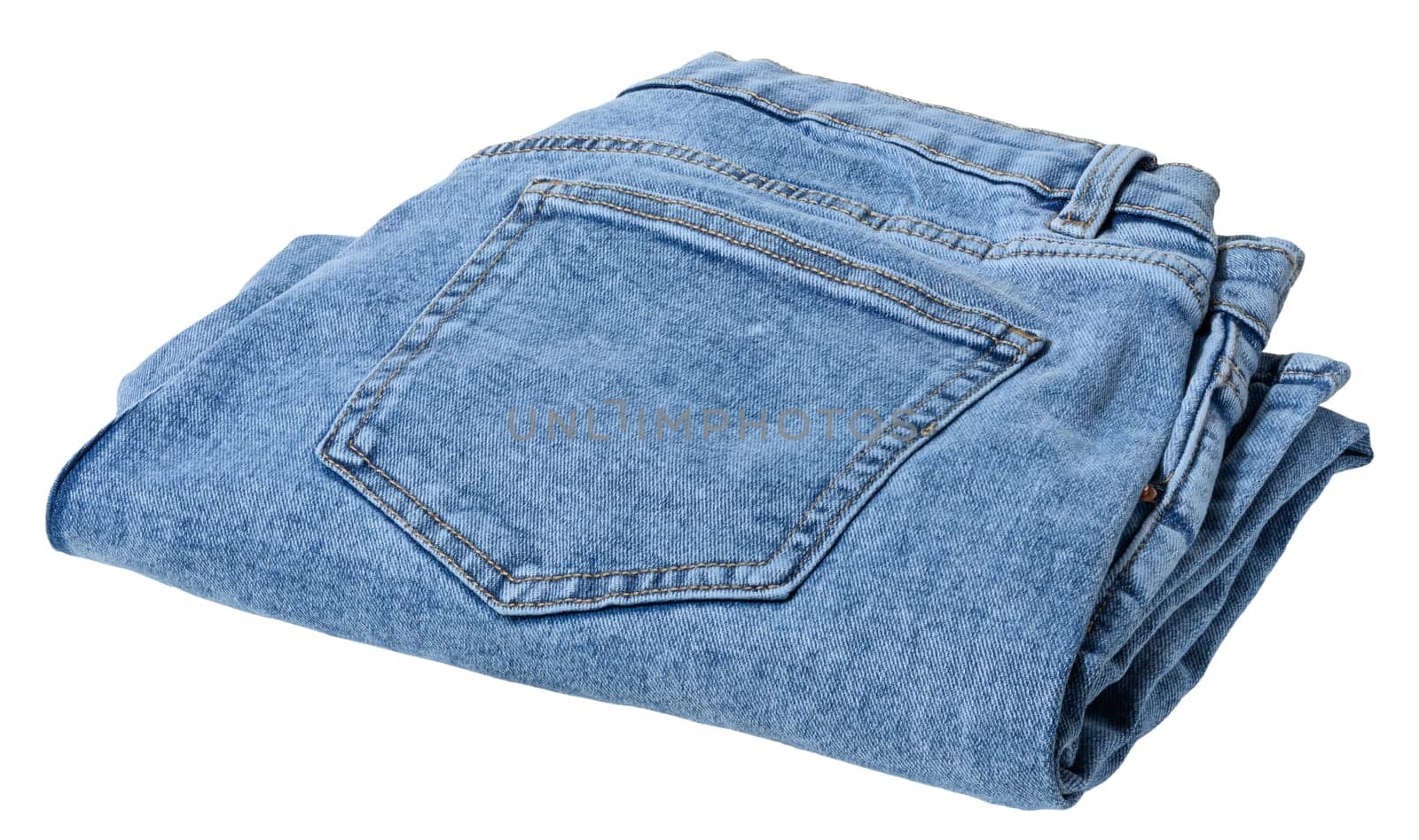 Folded pair of light blue denim jeans, isolated background