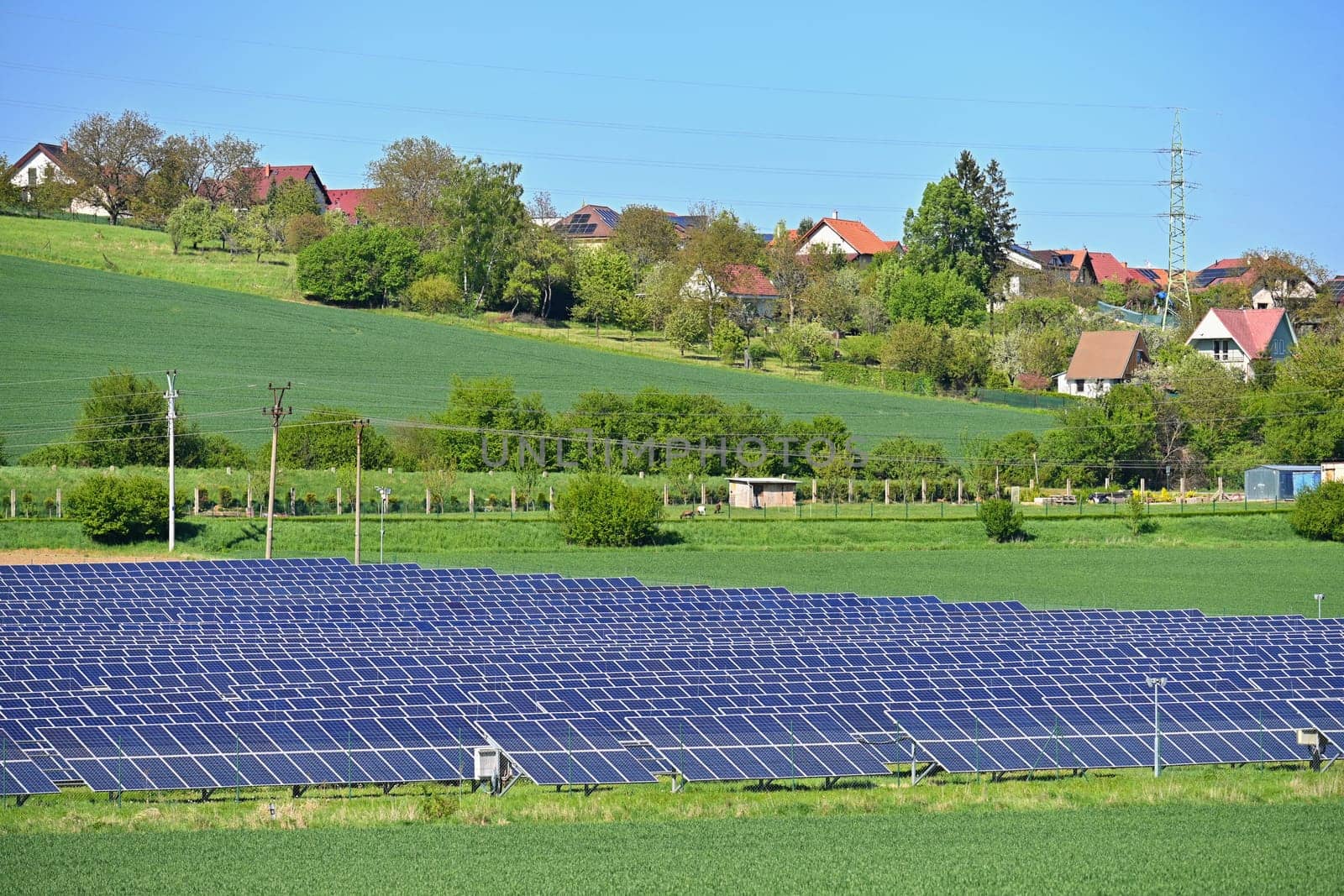 Technology solar cell. Solar panels on the sky background. Power plant. Alternative source of electricity. Solar farm.