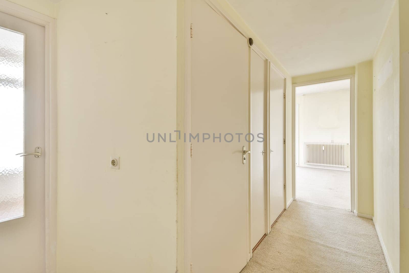 This image showcases a spacious and minimalist interior hallway with light-colored walls and doors, emphasizing simplicity and elegance.