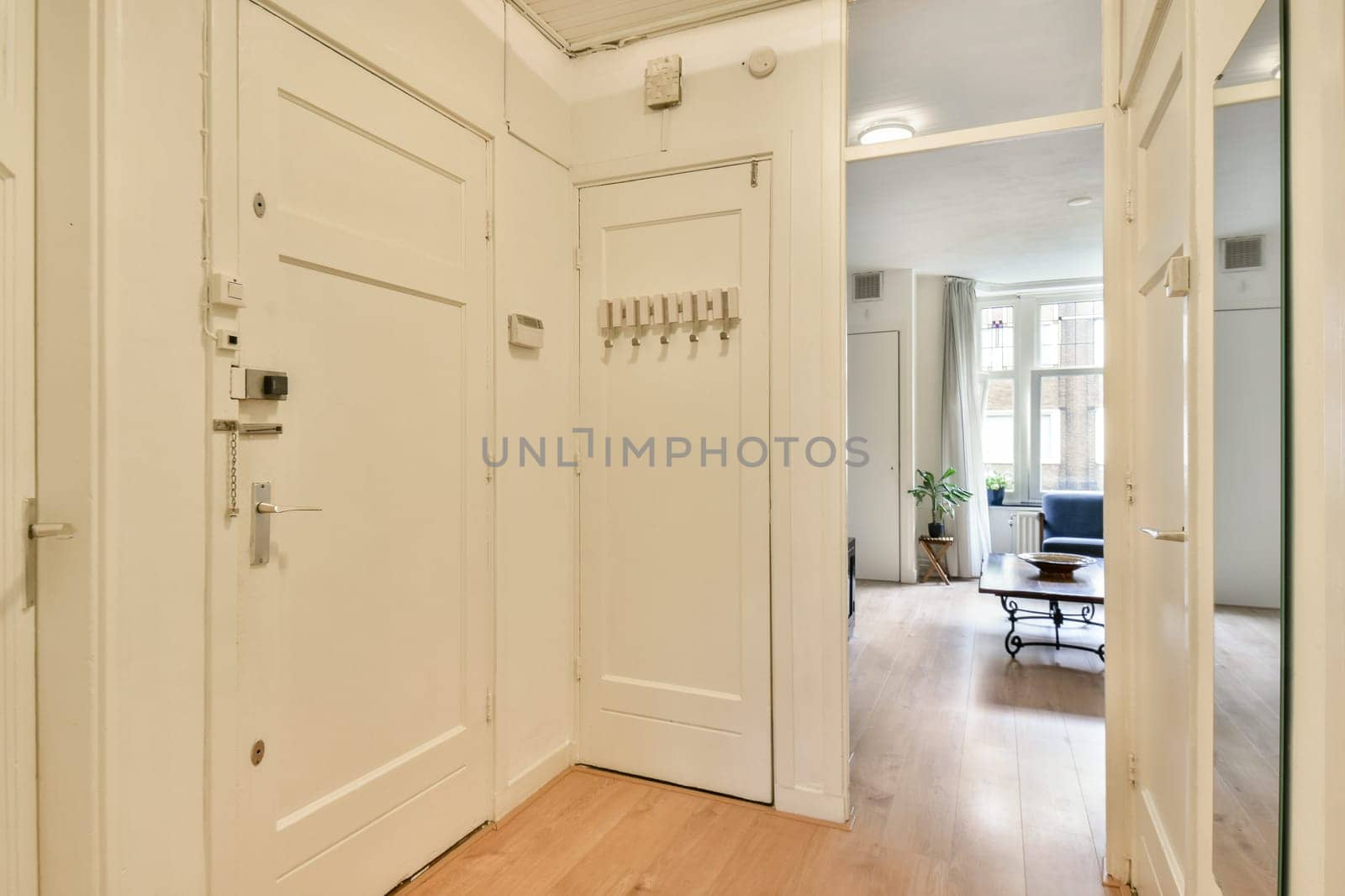 A stylish modern hallway featuring white walls, wooden flooring, and an inviting atmosphere. The open layout leads to a cozy living space.