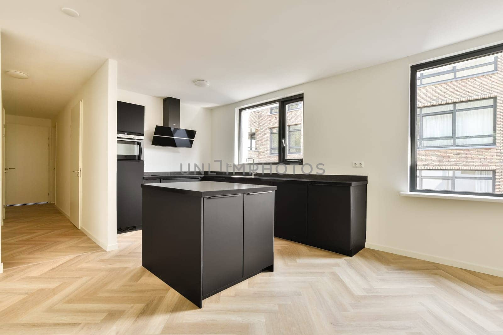 A contemporary kitchen featuring sleek black cabinetry and an open layout, illuminated by natural light from large windows.