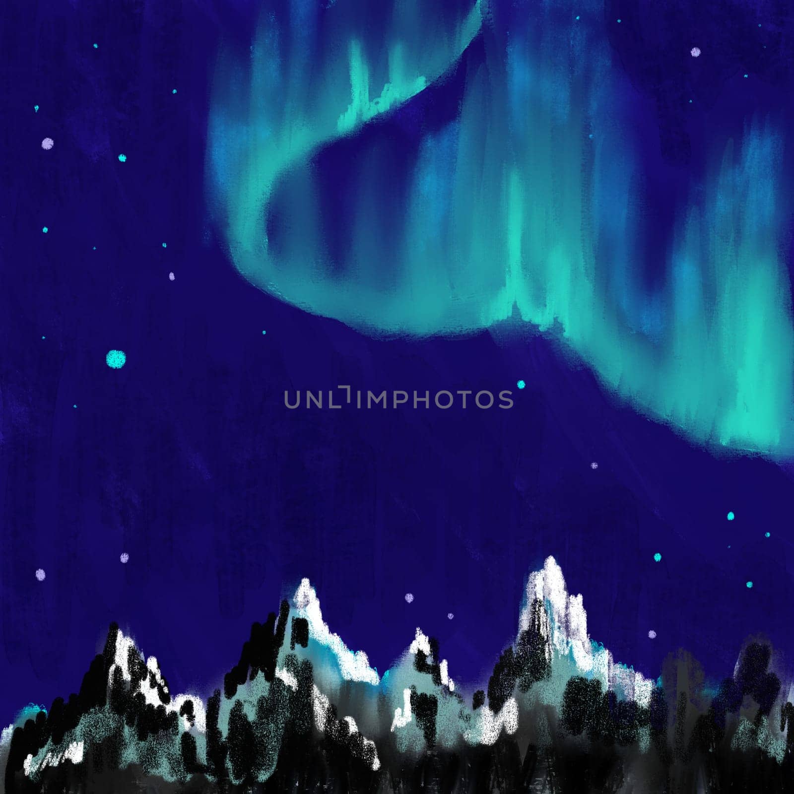 Hand drawn oil painting illustration of aurora borealis northern lights. Blue green winter artic phenomenon, silhouette standing dark black mountains, natural space sky north nature, norway