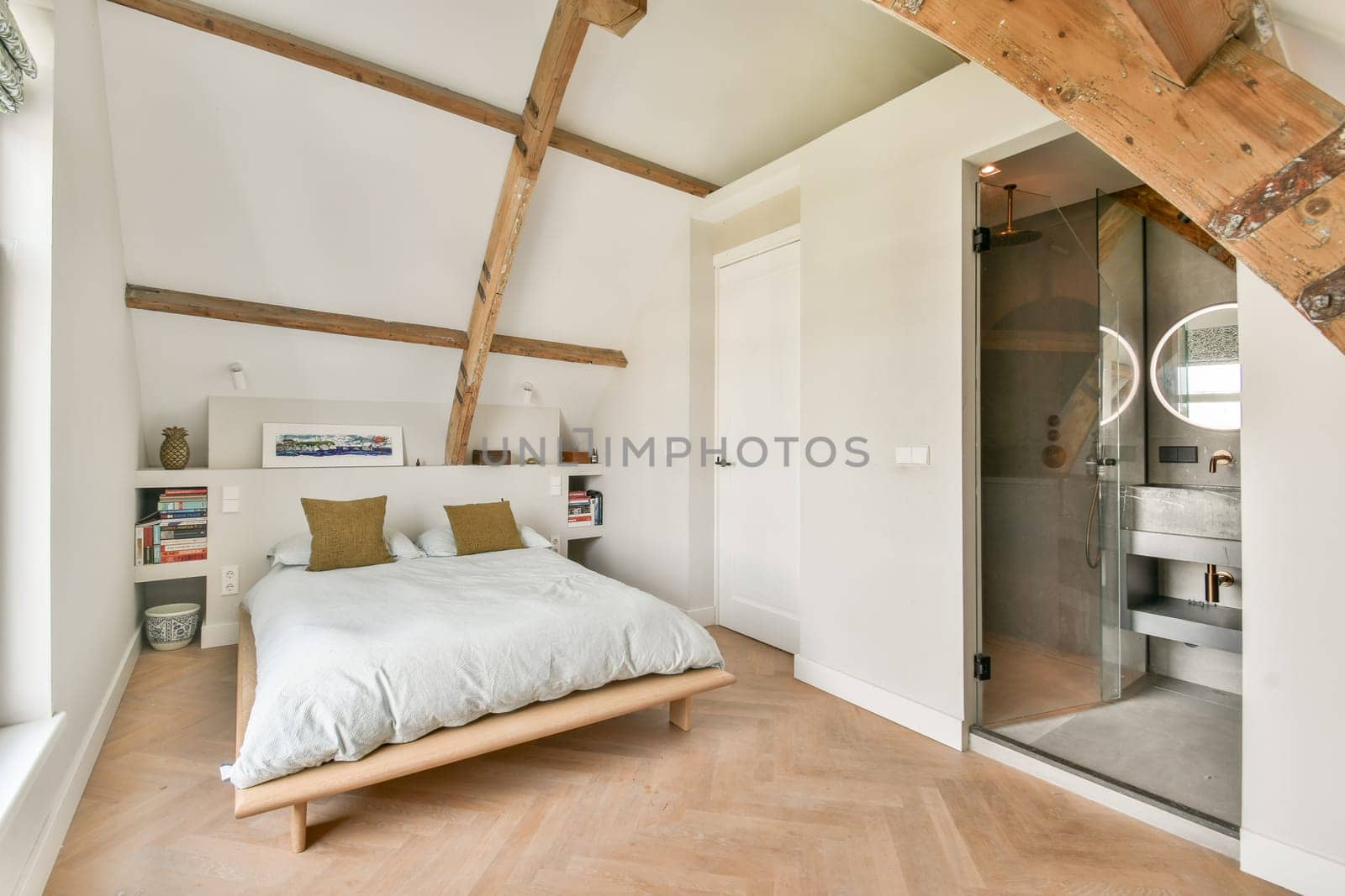 A serene modern bedroom featuring wooden beams, a minimalist design, and a cozy bed, showcasing a blend of comfort and style in a soothing color palette.