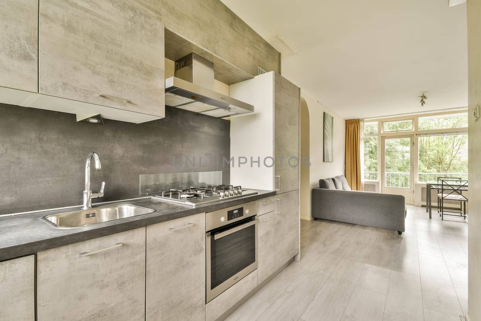 Stylish modern kitchen featuring sleek cabinets, stainless steel appliances, and an open layout that seamlessly connects to a living area with natural light.