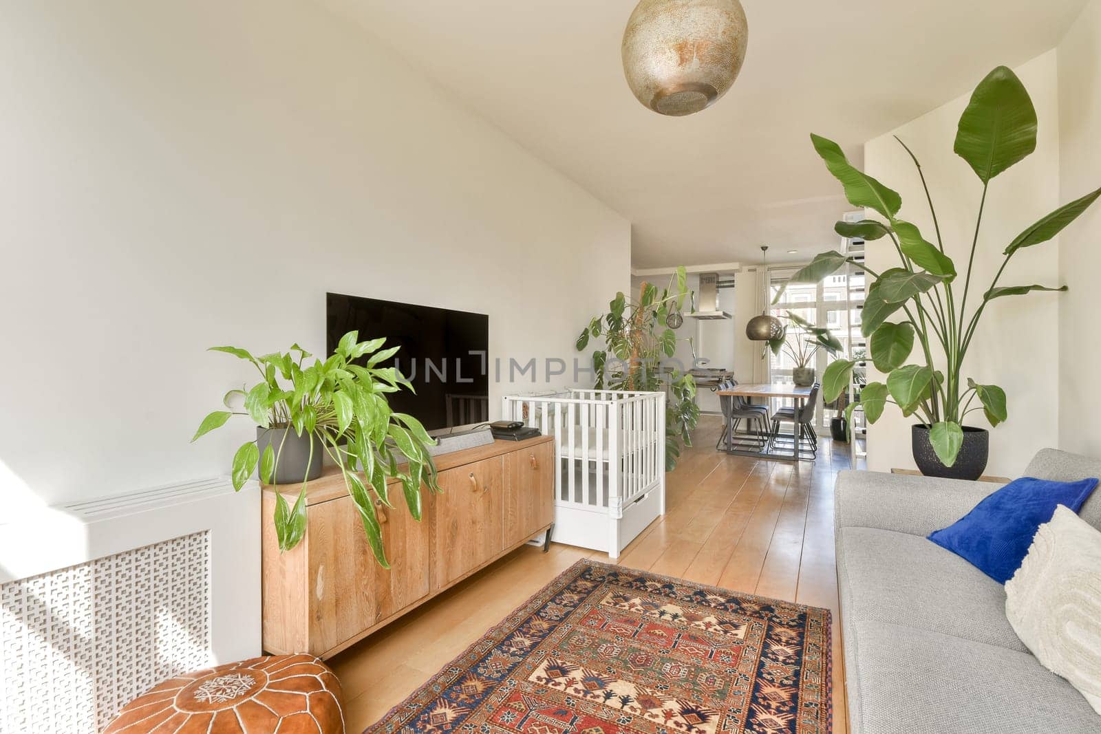 A stylish modern living space featuring a blend of indoor plants, contemporary furniture, and decorative elements that invite tranquility and comfort.