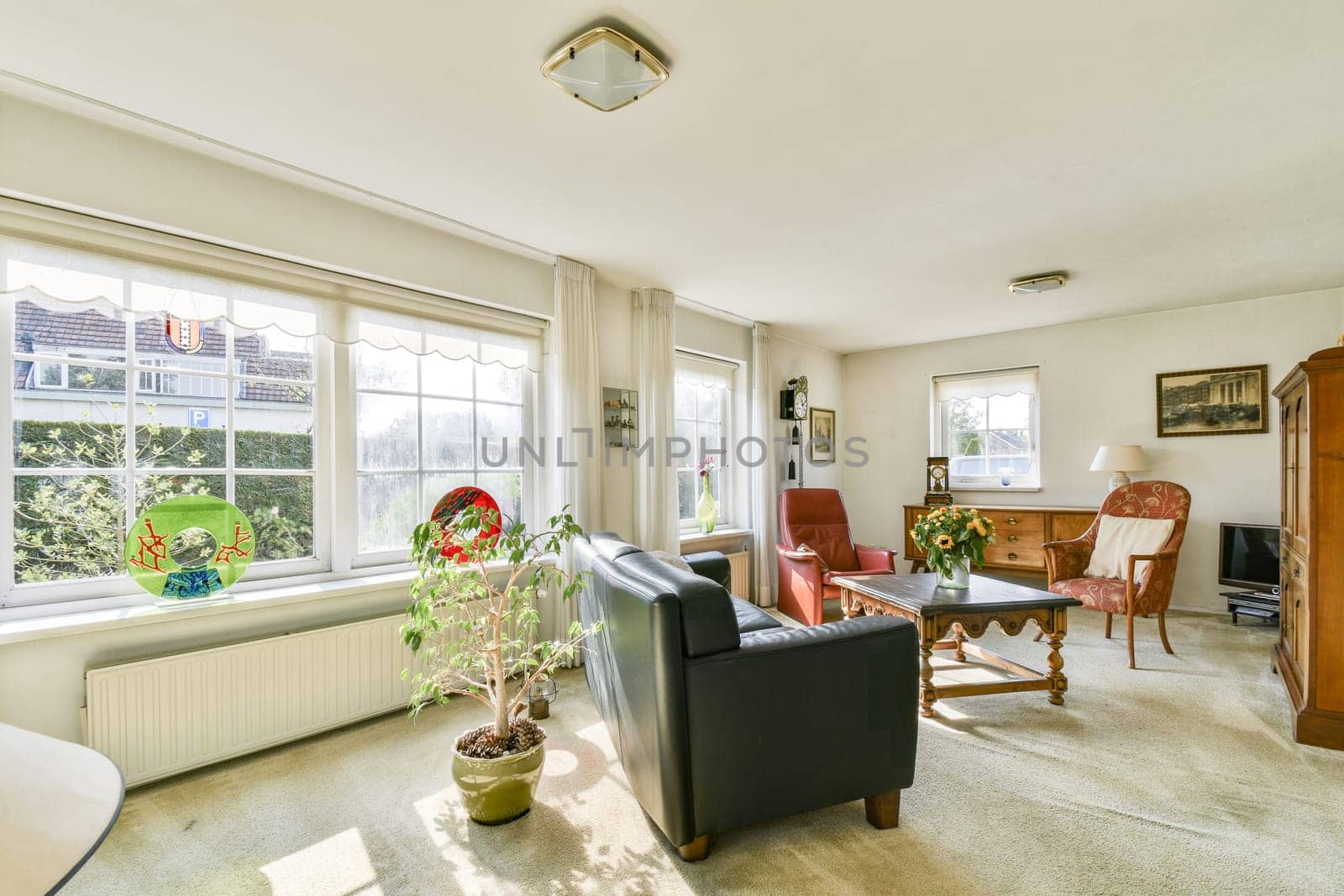 A cozy living room featuring plants, comfortable seating, and ample natural light, creating a warm and inviting atmosphere for relaxation and gatherings.