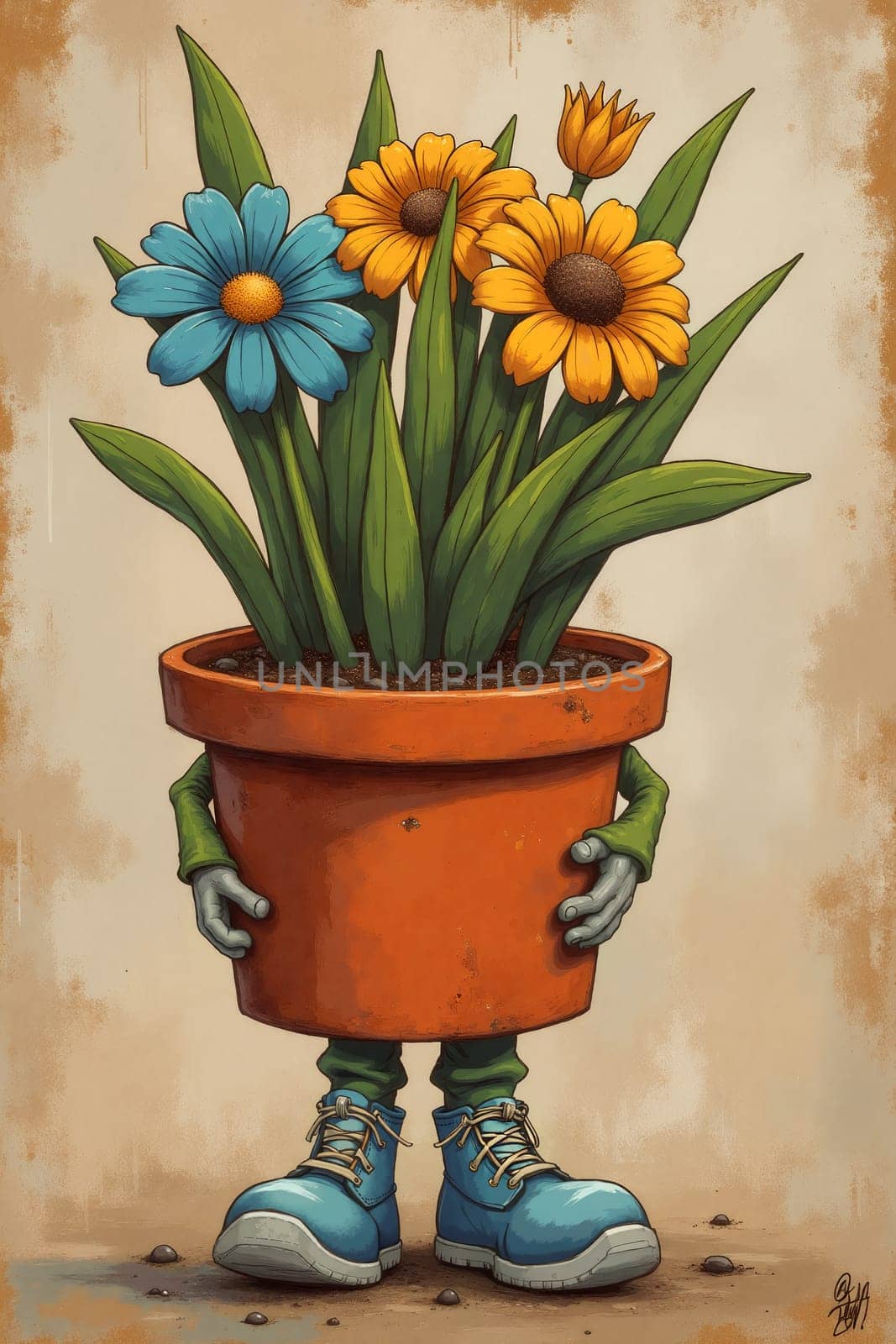 A joyful character with green arms holds a big terracotta pot of vibrant flowers against a textured backdrop, highlighting creativity - Valentine day illustration - Generative AI.