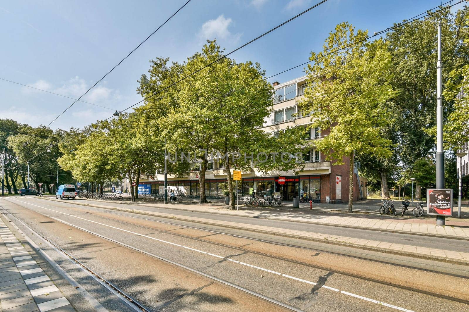 A busy urban street featuring vibrant trees and buildings. The scene captures the essence of city life with shops and transportation paths.