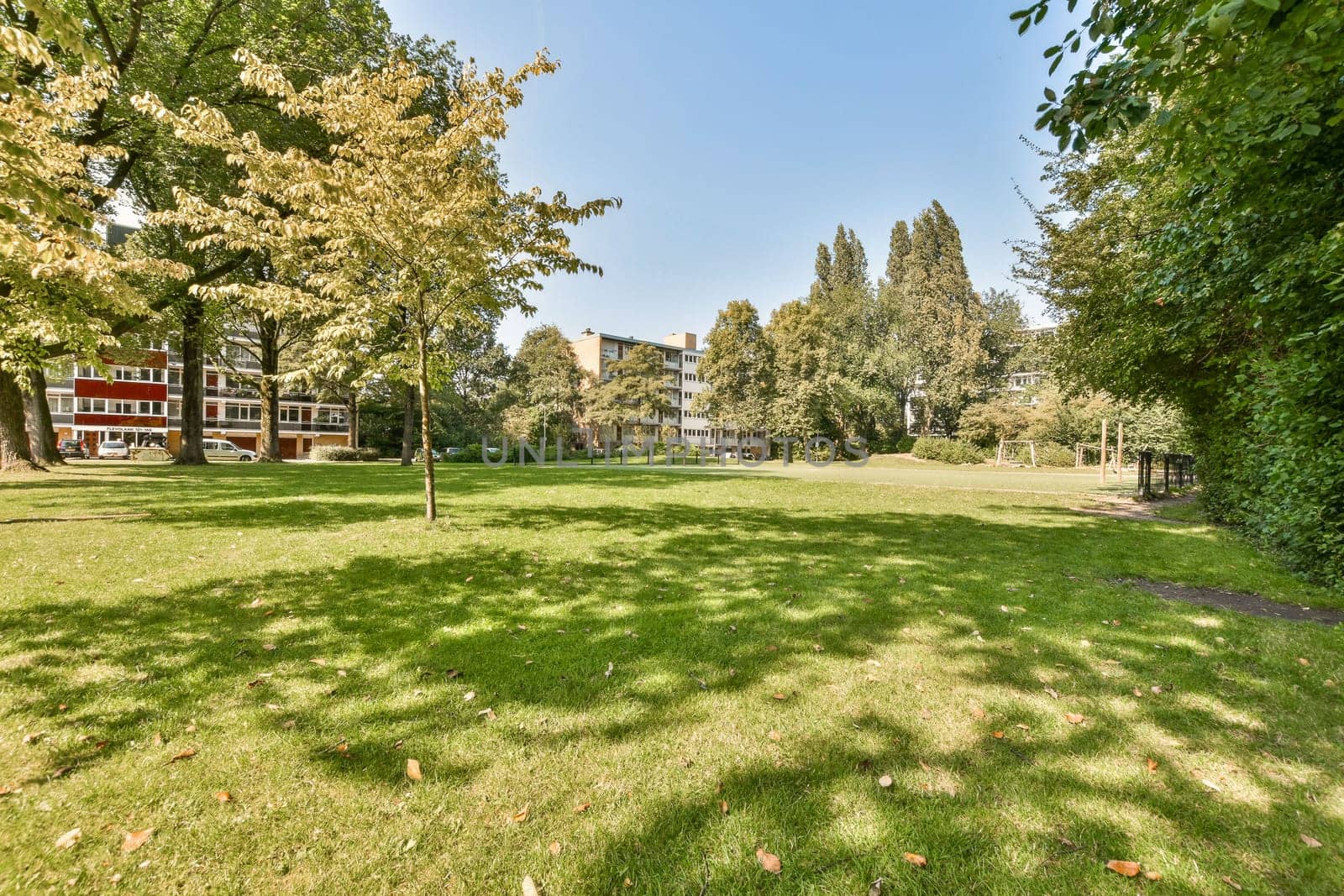 Lush green grass and vibrant trees characterize this peaceful urban park, perfect for relaxation and outdoor activities. The clear blue sky enhances the tranquil atmosphere.