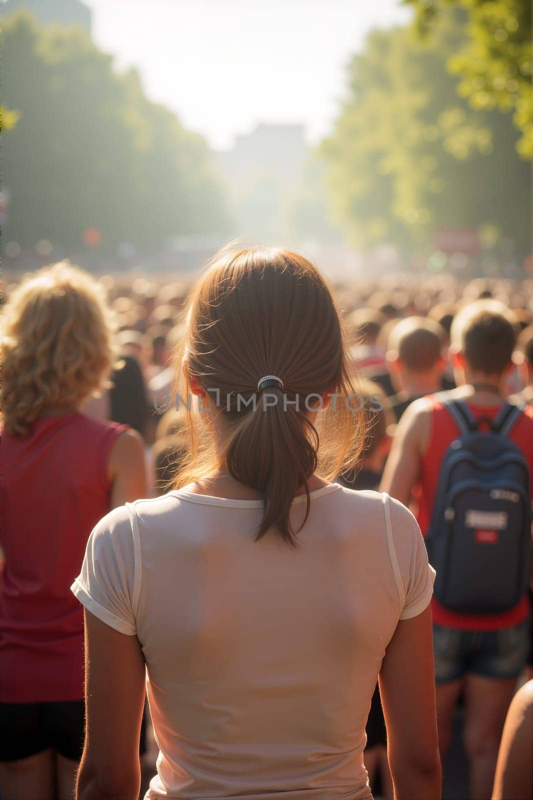 A large crowd fills the streets of a city in the afternoon. People of various ages gather for a communal event under clear skies. Generative AI.