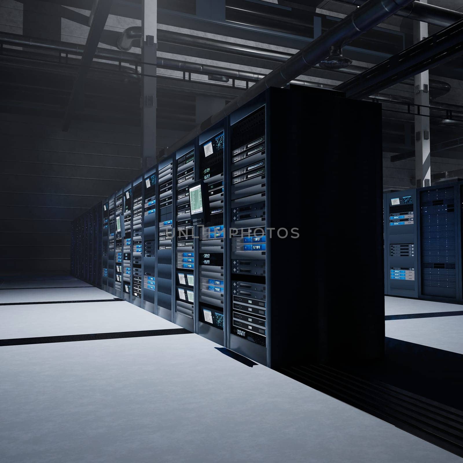 Server farm equipment managing computing loads essential for big data analysis, prediction models and automation. Supercomputers handling operational datasets for diagnostics and optimization