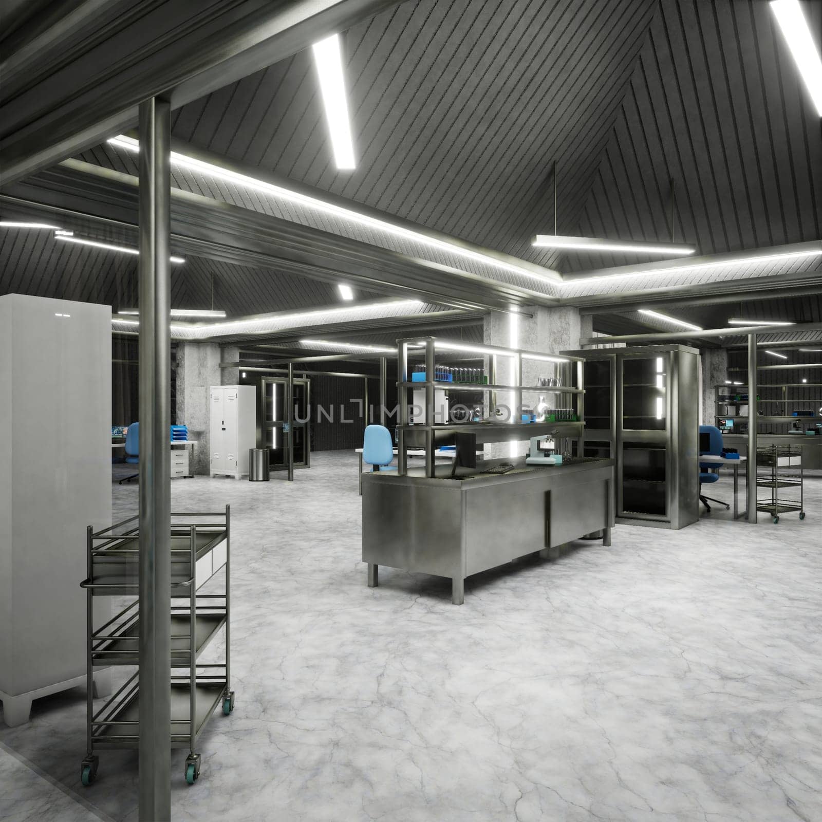 High tech laboratory interior with clean surfaces, bright lights and structured layout designed for scientific innovation. Modern industrial research lab with metal tables, storage racks