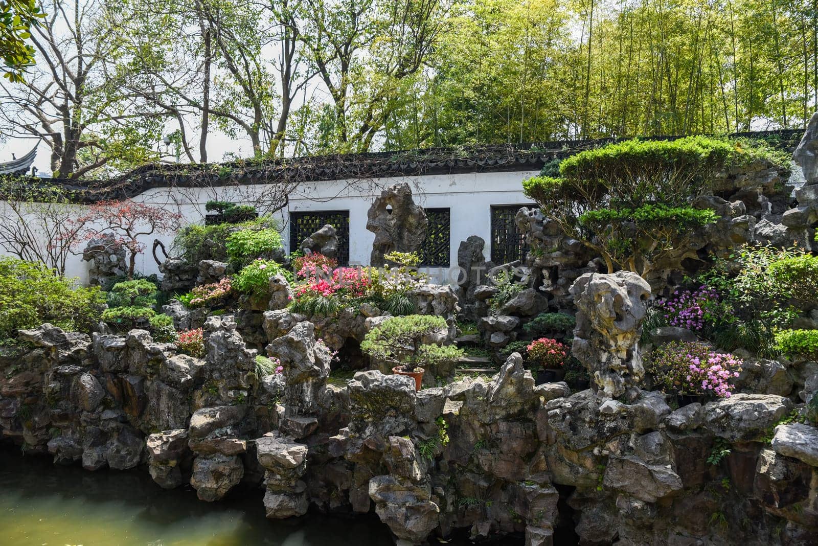 Shanghai, China - 1 April 2025: Ornamental lake, shaped rocks, and manicured trees in the classical landscape design of Yuyuan Garden, a famous site in Shanghai