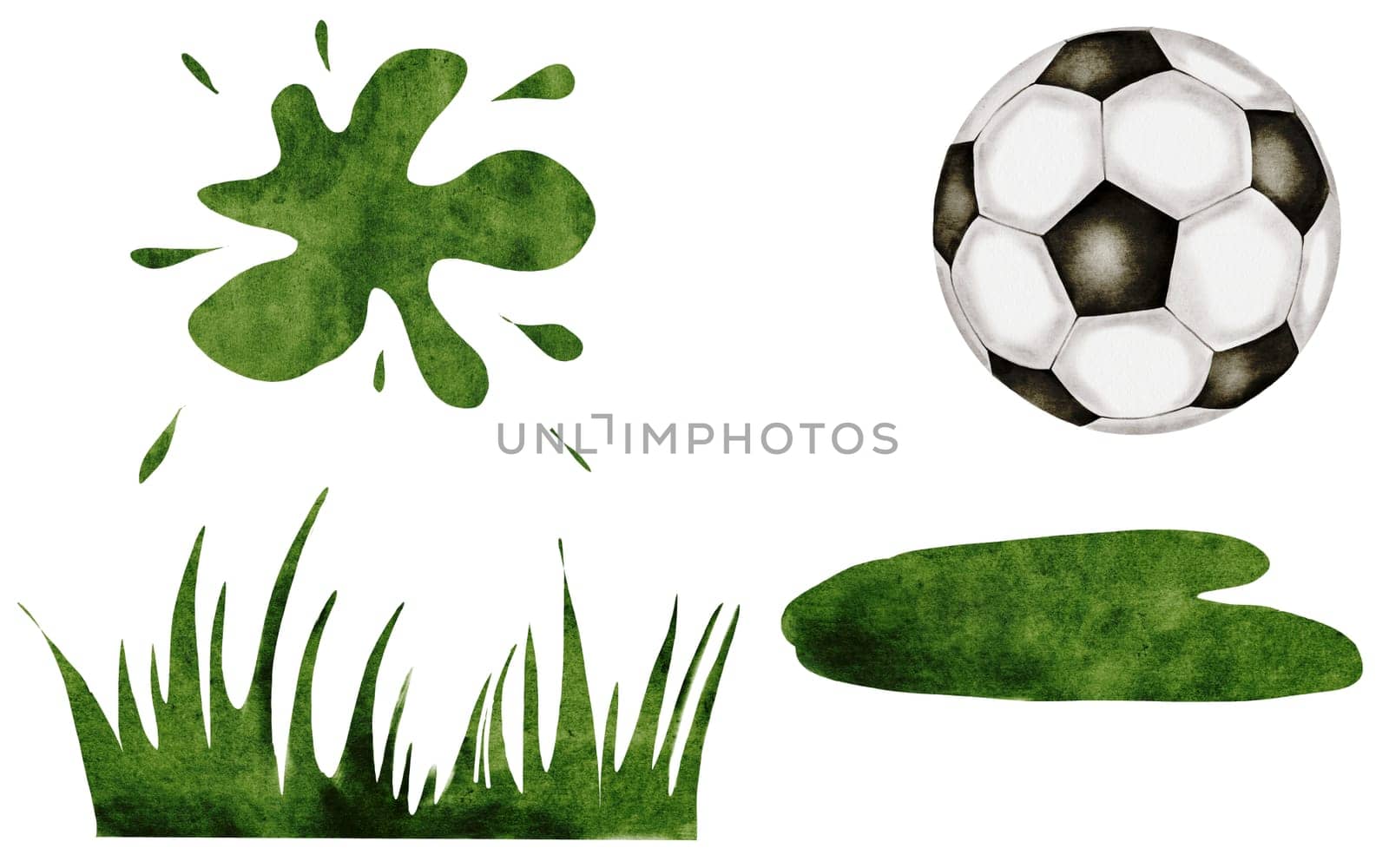Football watercolor set. Soccer ball and grass and green blot on a white background. Ideal for children's and sports equipment, packaging