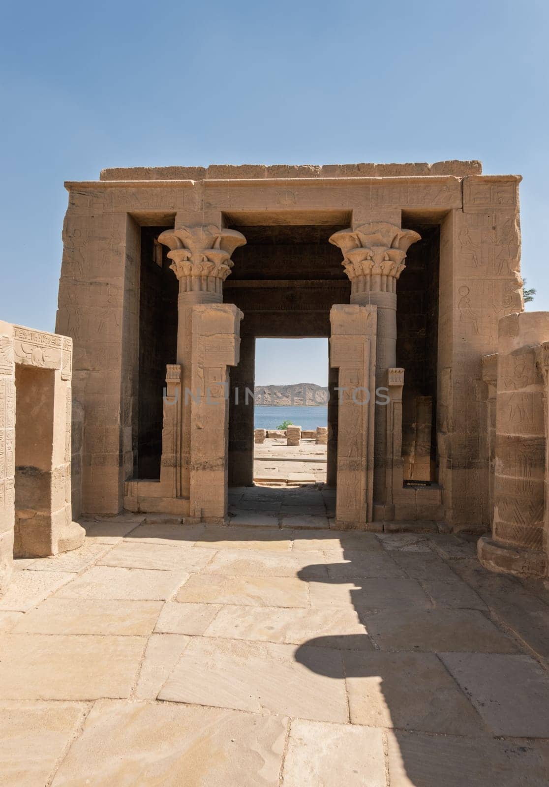 Trajans Kiosk or Pharoahs bed on an island in Aswan Harbor or Reservoir formed by the Low Dam on the Nile