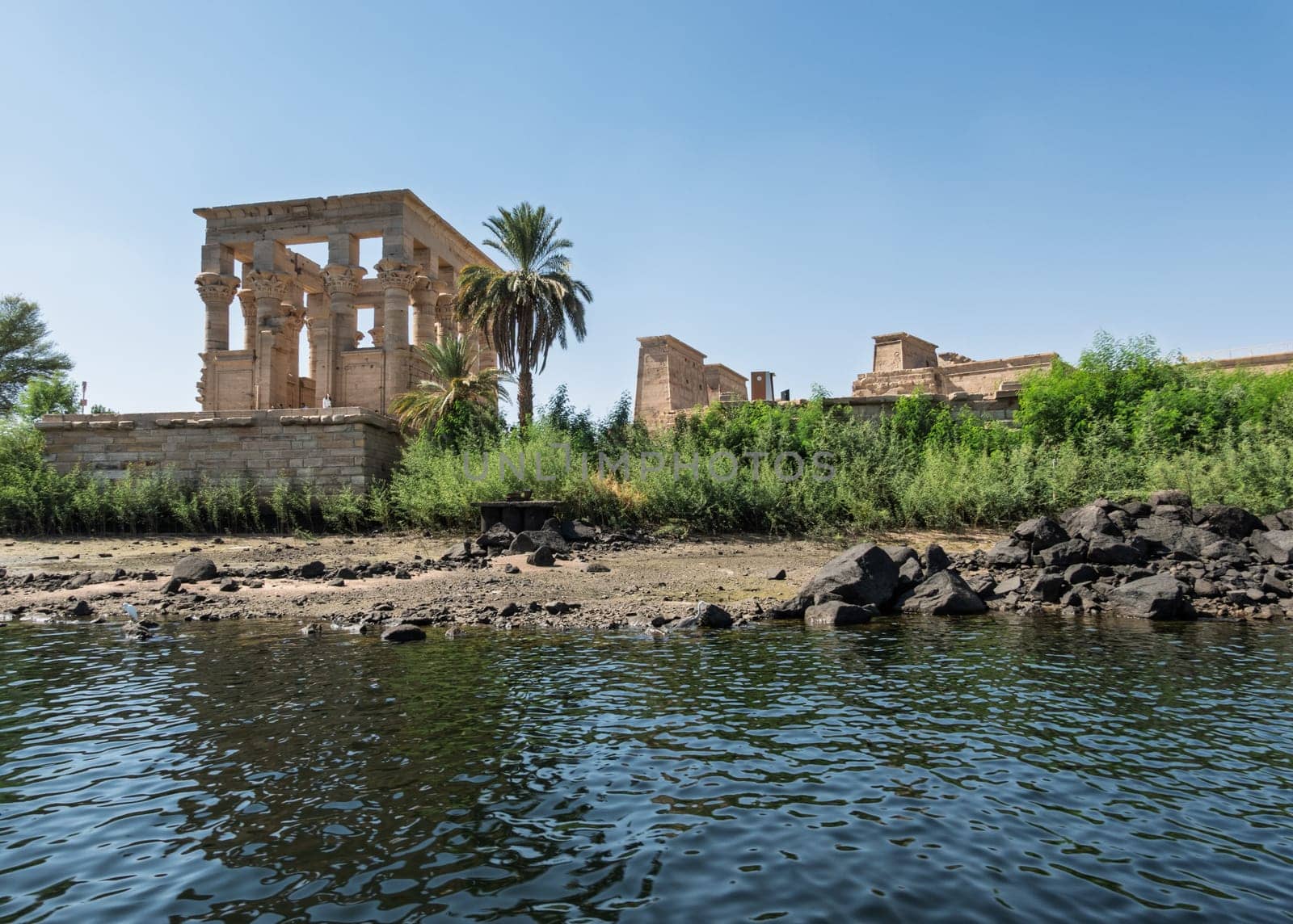 Trajans Kiosk or Pharoahs bed on an island in Aswan Harbor or Reservoir formed by the Low Dam on the Nile