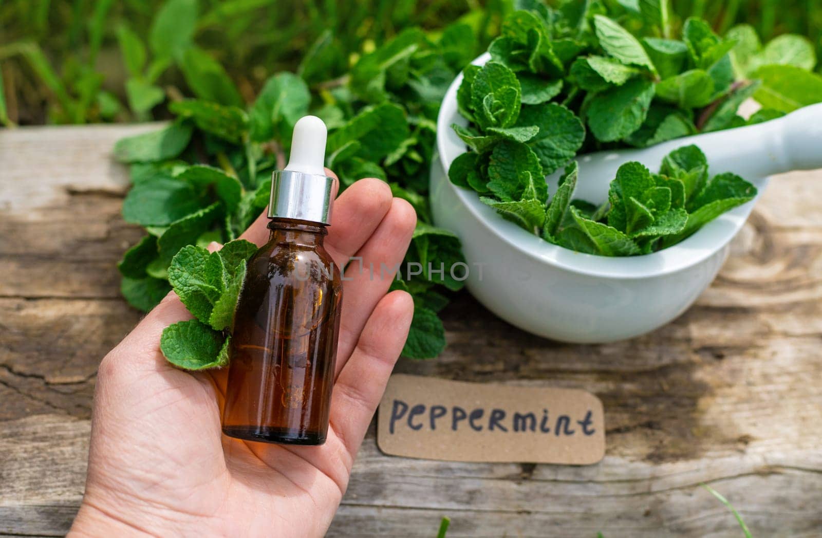 Peppermint extract essential oil and supplements. Selective focus. nature.